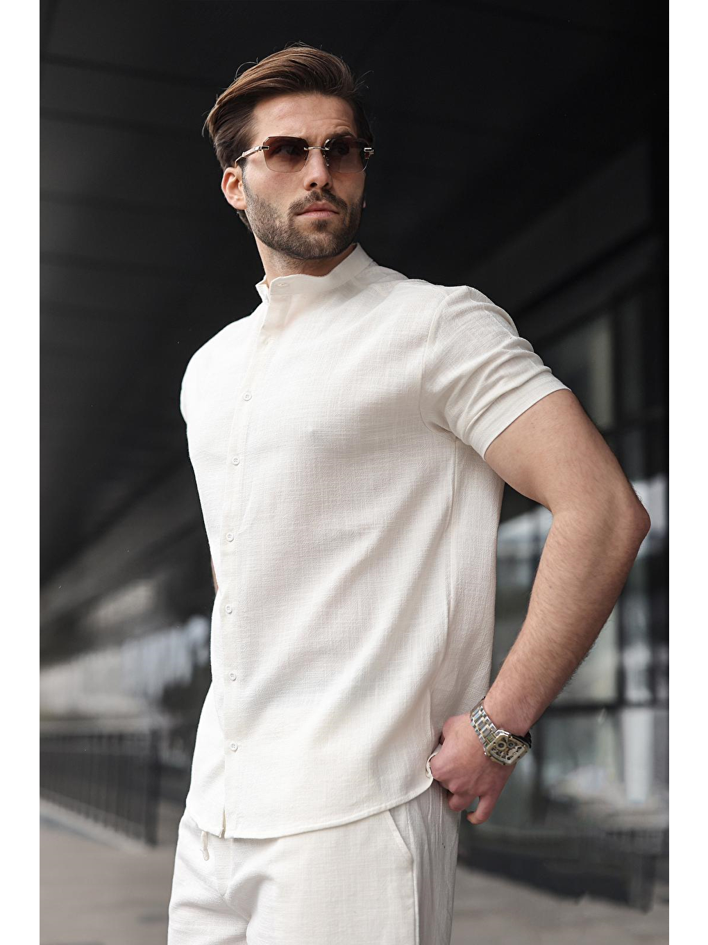 Ekru Erkek Şort Gömlek Takım E7350-4