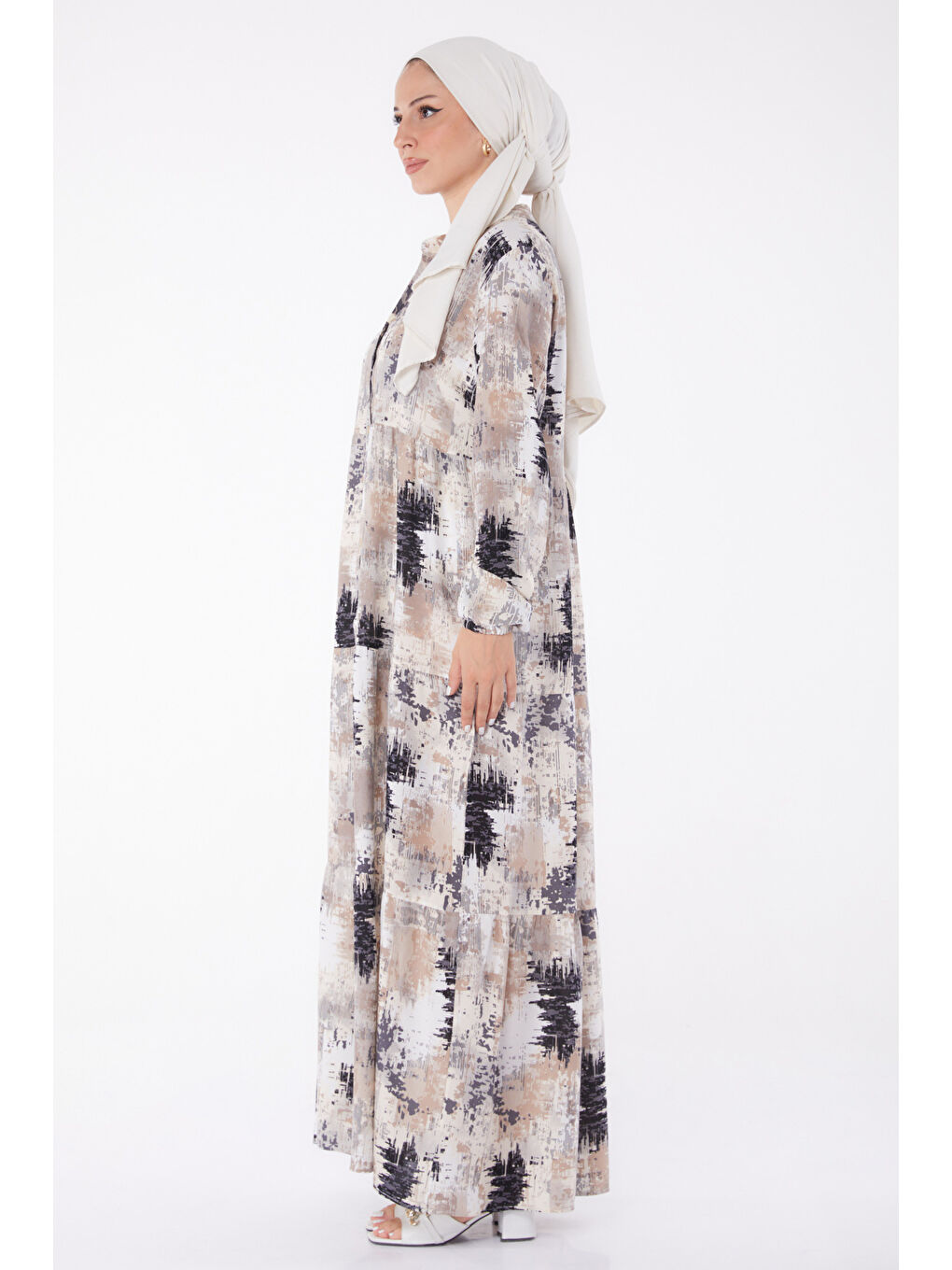 Düğmeli Desenli Elbise Siyah - 26045-3