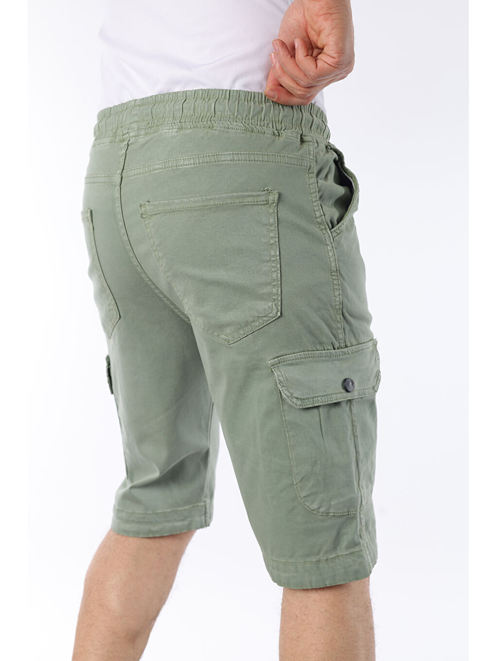 Yeşil Erkek Beli Lastikli Dikiş Detaylı Kargo Cep Kapri Şort-2