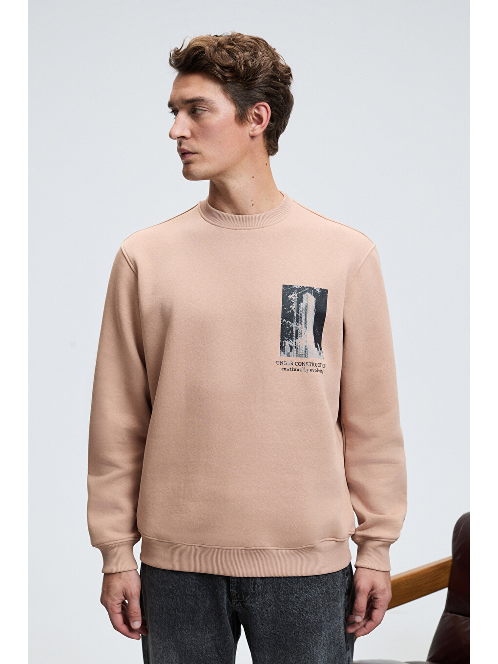 Bej Lucıan Erkek Göğsü Ve Sırtı Baskılı Yuvarlak Yaka Regular Fit Vizon Sweatshirt-4