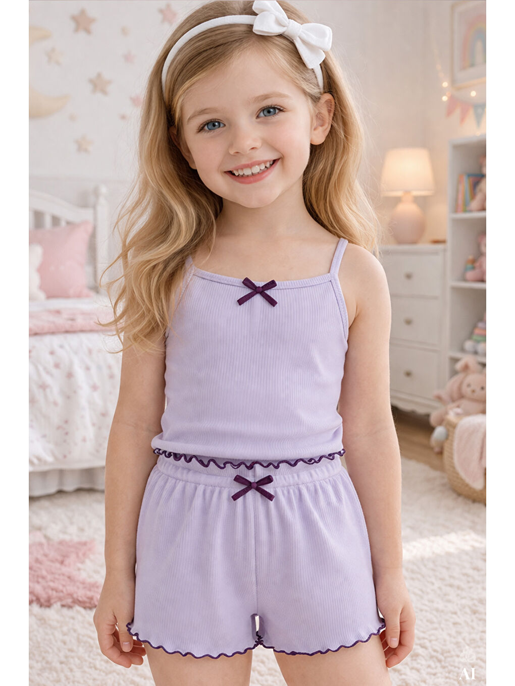 Lila Kız Çocuk Pamuklu Fiyonklu Askılı Şortlu Pijama Takımı