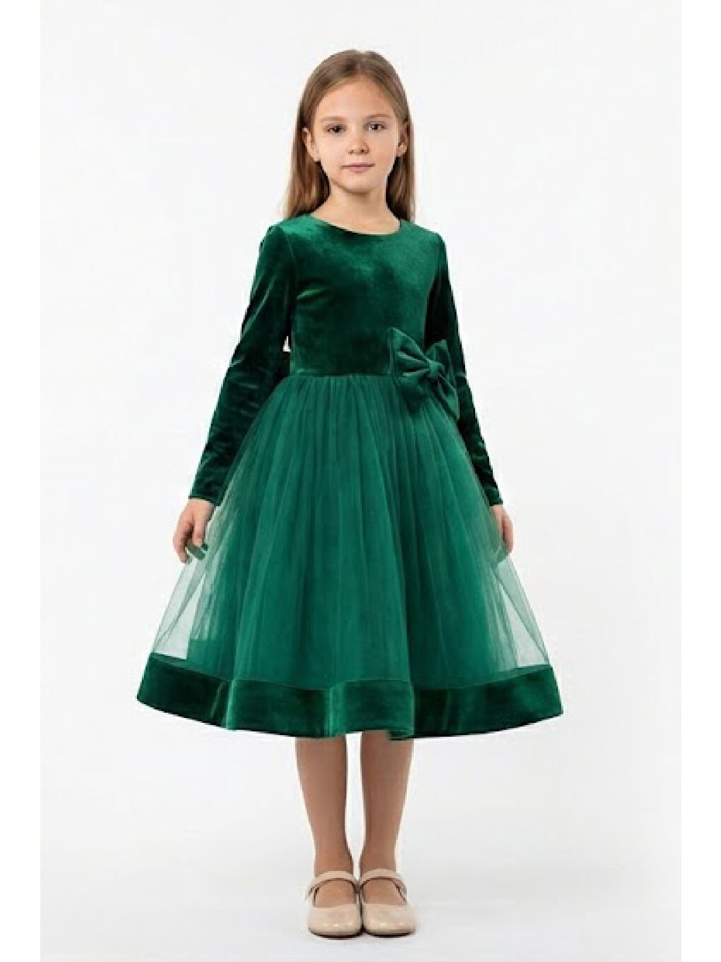 Yeşil Kız Çocuk Kadife Elbise-Tül Detaylı-Fiyonk Süslemeli 2-12 Yaş 12499