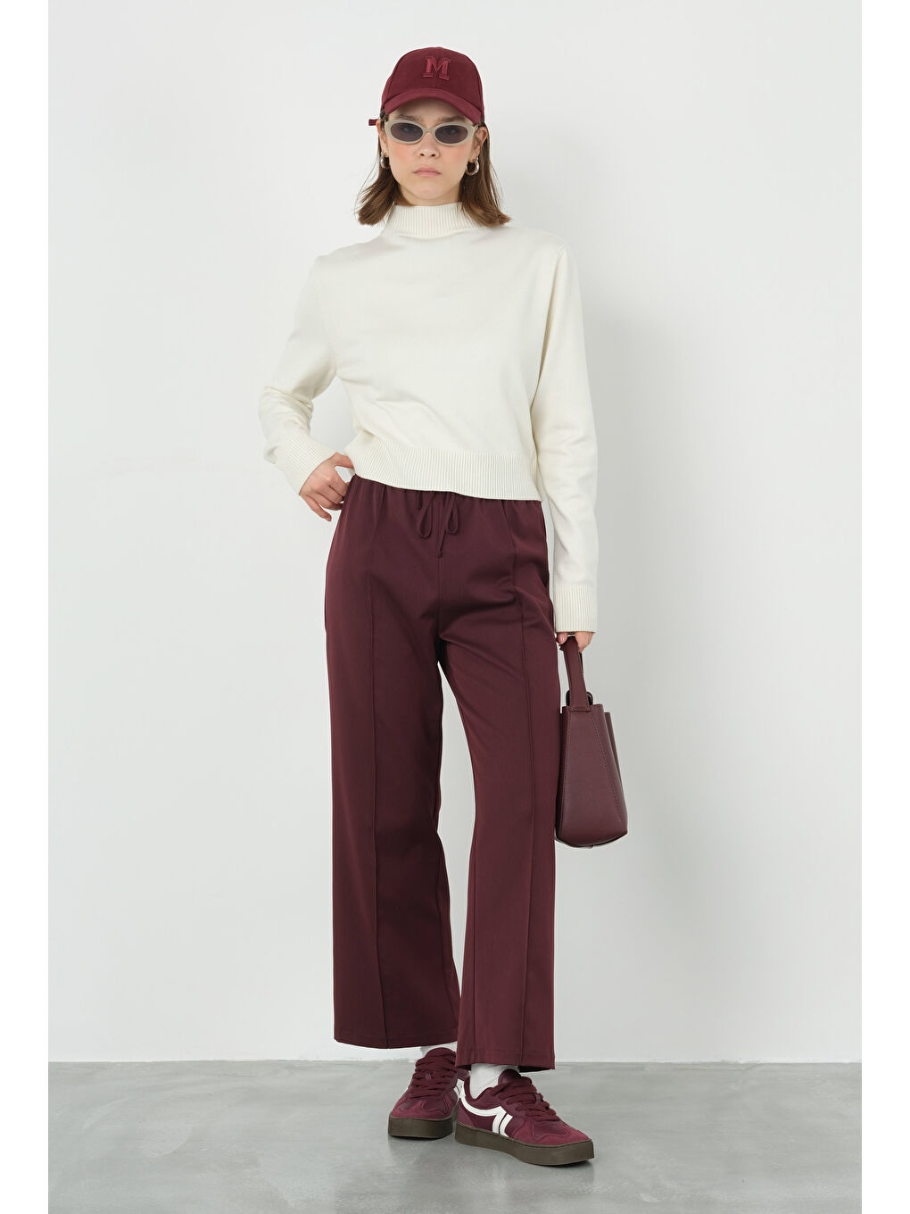 Önü Dikiş Detaylı Pantolon Bordo-2