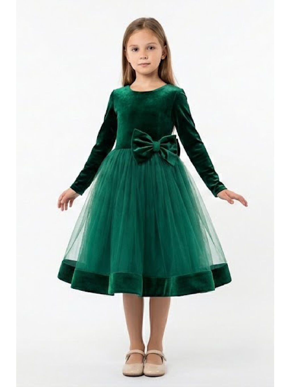 Yeşil Kız Çocuk Kadife Elbise-Tül Detaylı-Fiyonk Süslemeli 2-12 Yaş 12499-1