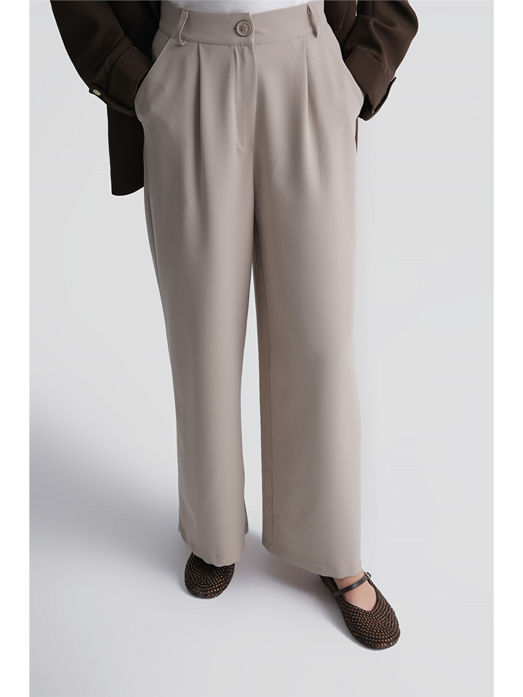 Bej Palazzo Pantolon Taş-2