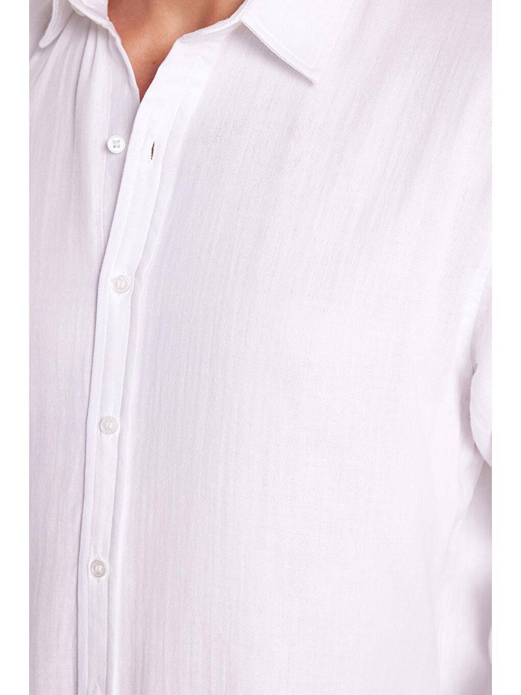Erkek Slim Fit Dar Kesim Uzun Kollu %100 Pamuk Keten Doku Düz Biyeli Beyaz Gömlek-2