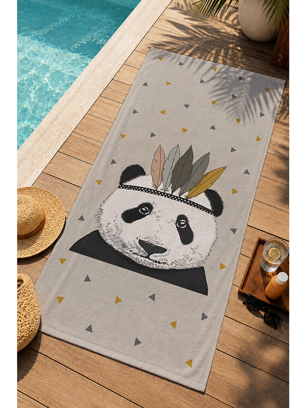 Gri Bohem Panda Tüylü Başlık Yıldızlı Çocuk Desenli 70x150 Plaj Havlusu - Pamuklu Banyo Havlusu-1