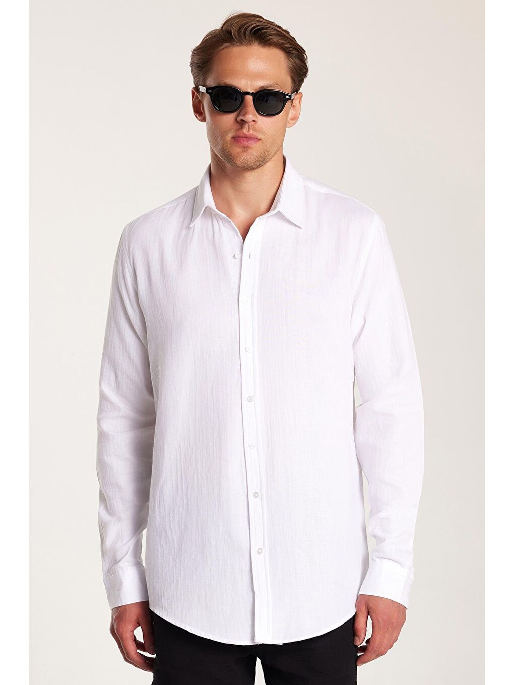Erkek Slim Fit Dar Kesim Uzun Kollu %100 Pamuk Keten Doku Düz Biyeli Beyaz Gömlek-3