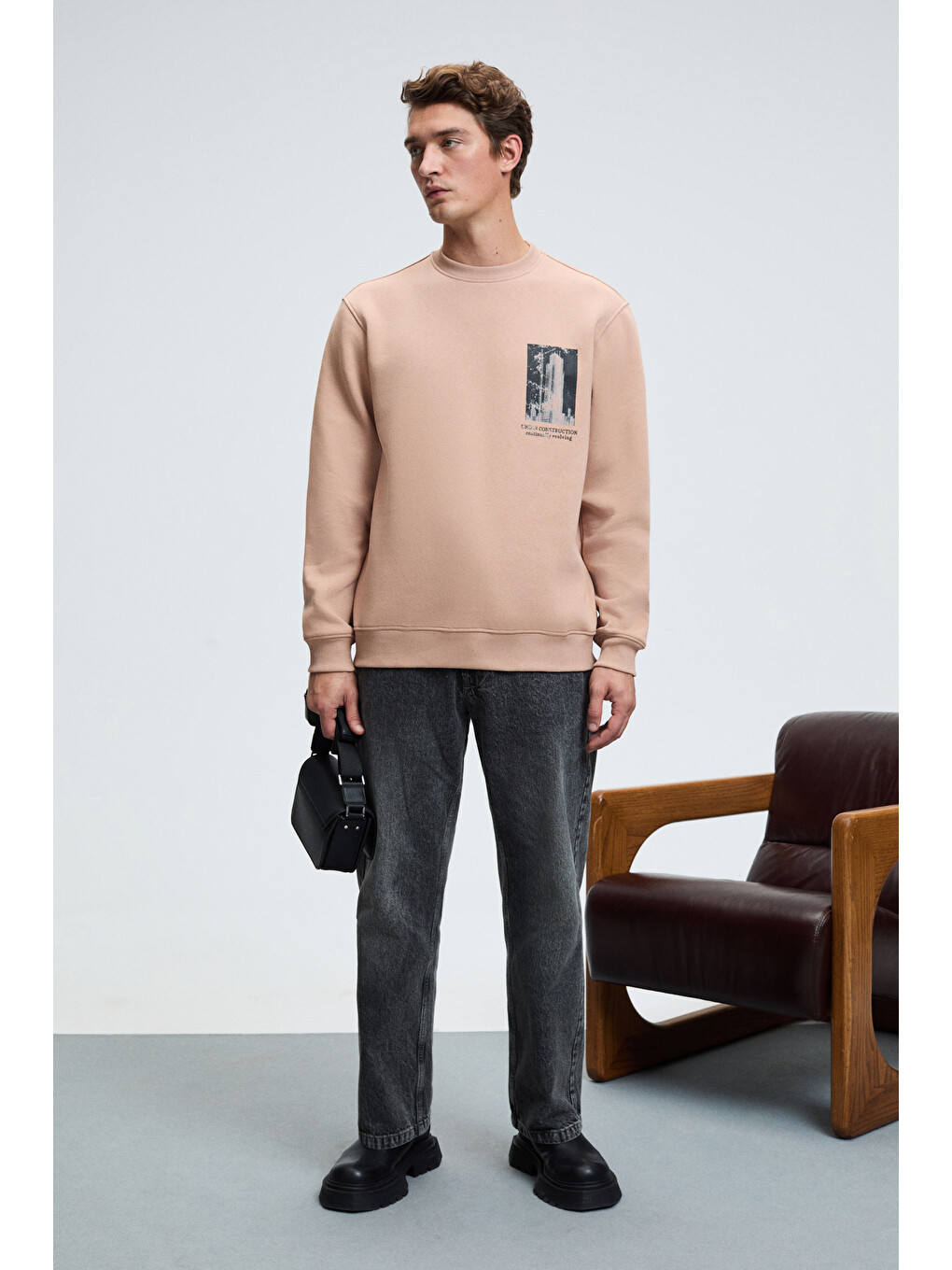 Bej Lucıan Erkek Göğsü Ve Sırtı Baskılı Yuvarlak Yaka Regular Fit Vizon Sweatshirt-5