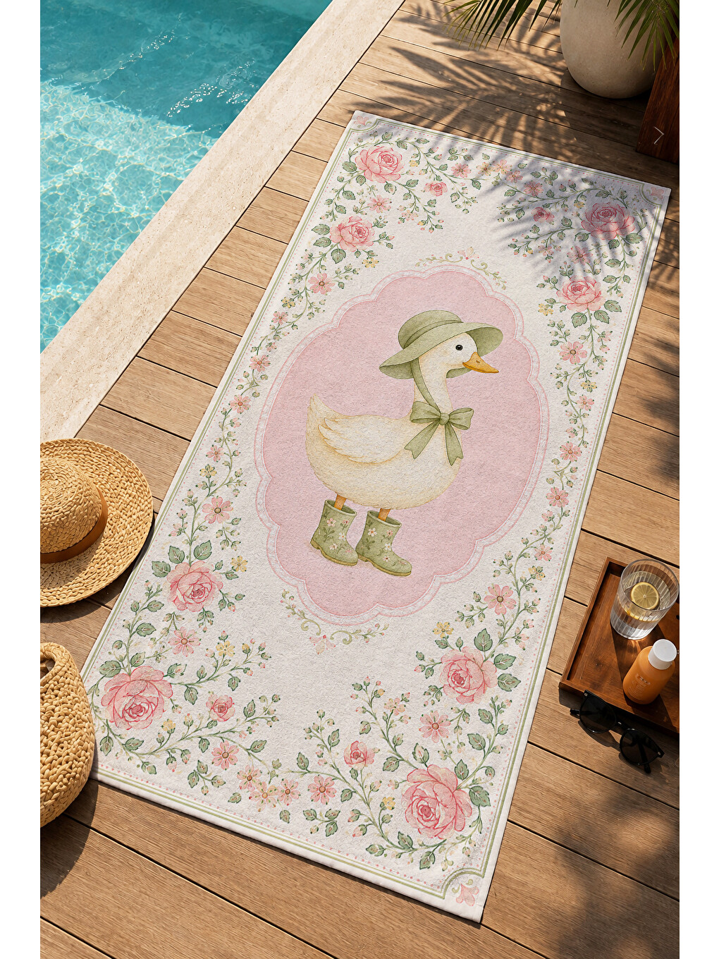Pembe Romantik Boneli Kaz Çiçekli Madalyon Desenli 70x150 Plaj Havlusu - Dijital Baskılı Banyo Havlusu-1