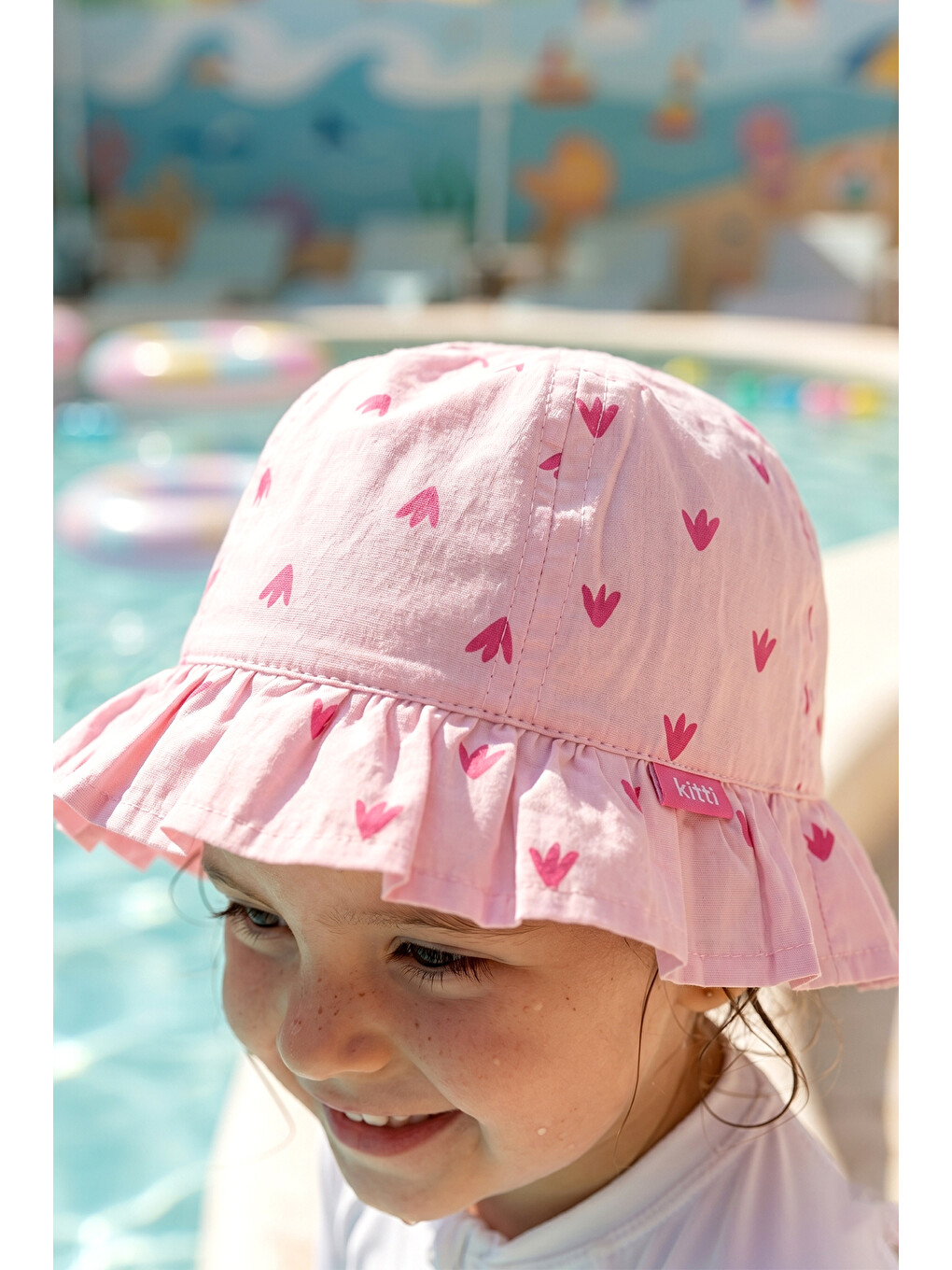 Kız Çocuk 1-4 Yaş Kalp Desenli Bucket Şapka 08-063 Pembe-1