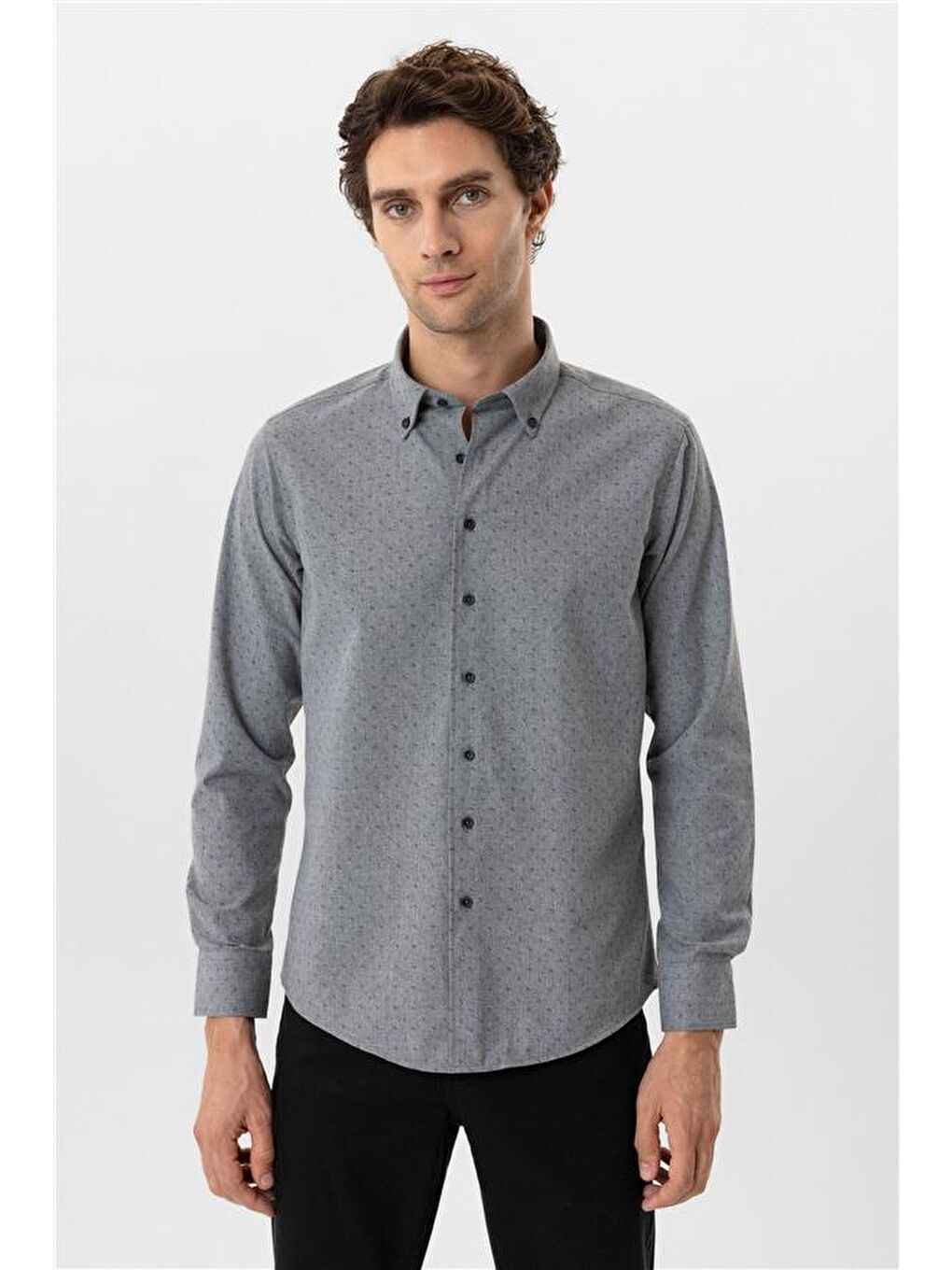 Antrasit Slim Düz Düğmeli Yaka Gömlek