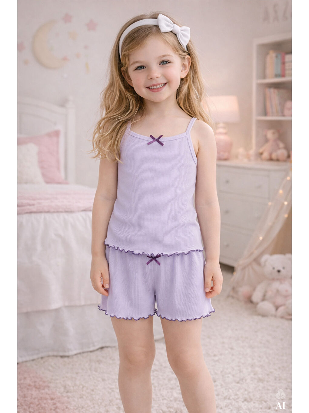 Lila Kız Çocuk Pamuklu Fiyonklu Askılı Şortlu Pijama Takımı-2