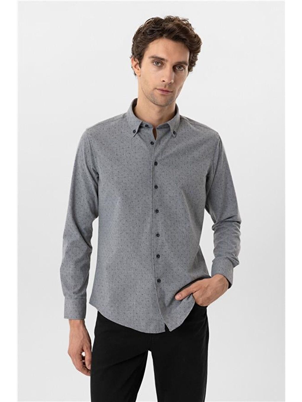 Antrasit Slim Düz Düğmeli Yaka Gömlek-1