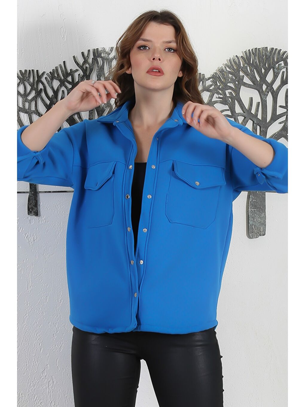 Mavi Gömlek Yaka Manşetli Kollu Çıt Çıtlı Çift Kapaklı Cepli Üç İplik Şardonlu Örme Ceket 70 58