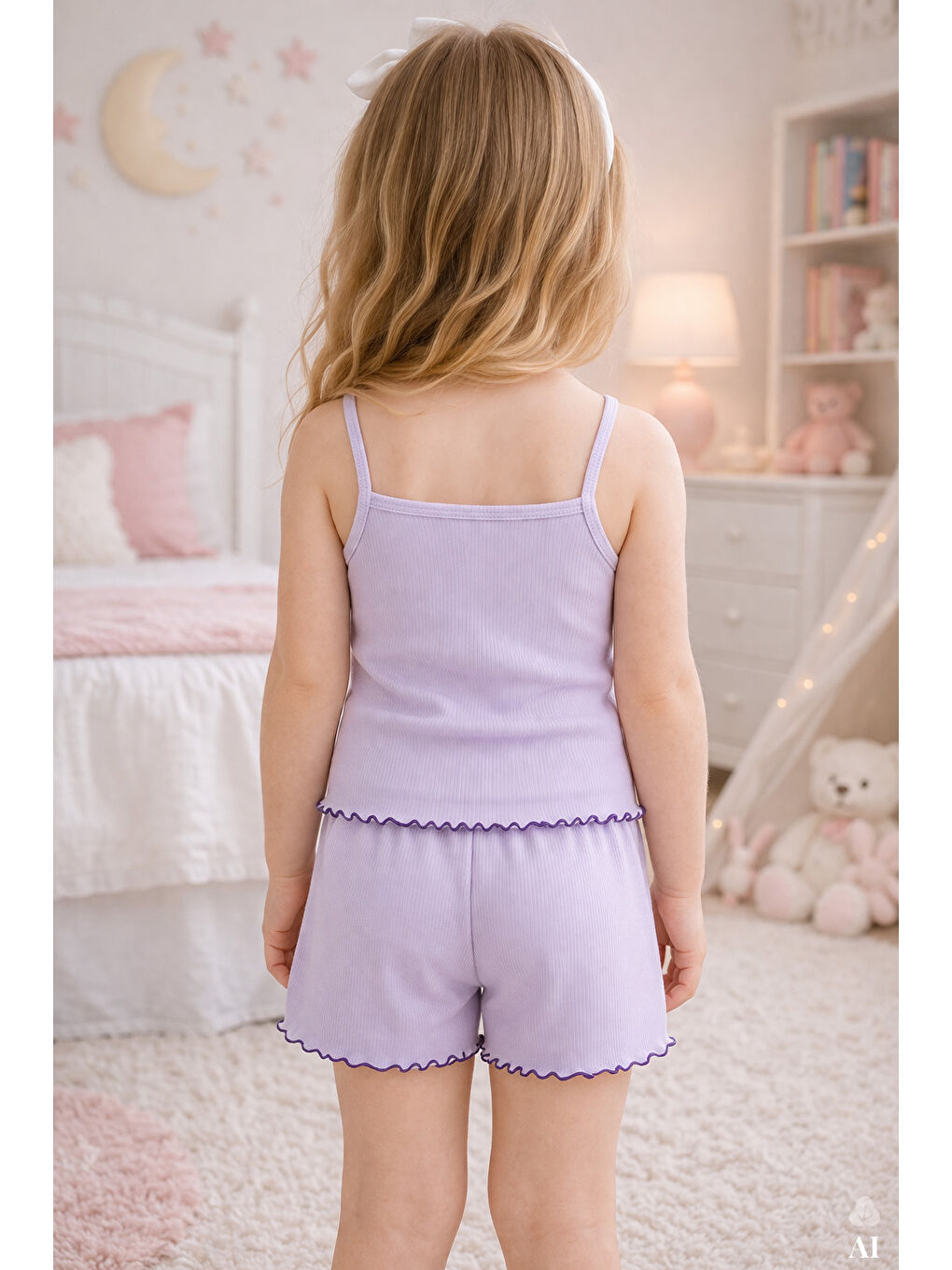 Lila Kız Çocuk Pamuklu Fiyonklu Askılı Şortlu Pijama Takımı-3