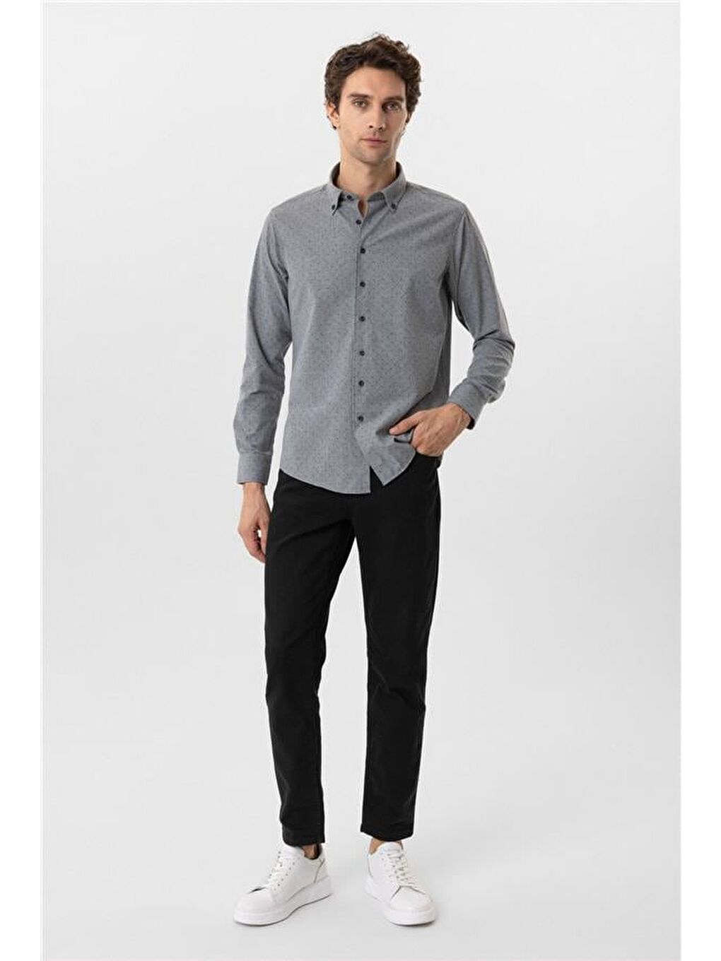 Antrasit Slim Düz Düğmeli Yaka Gömlek-2