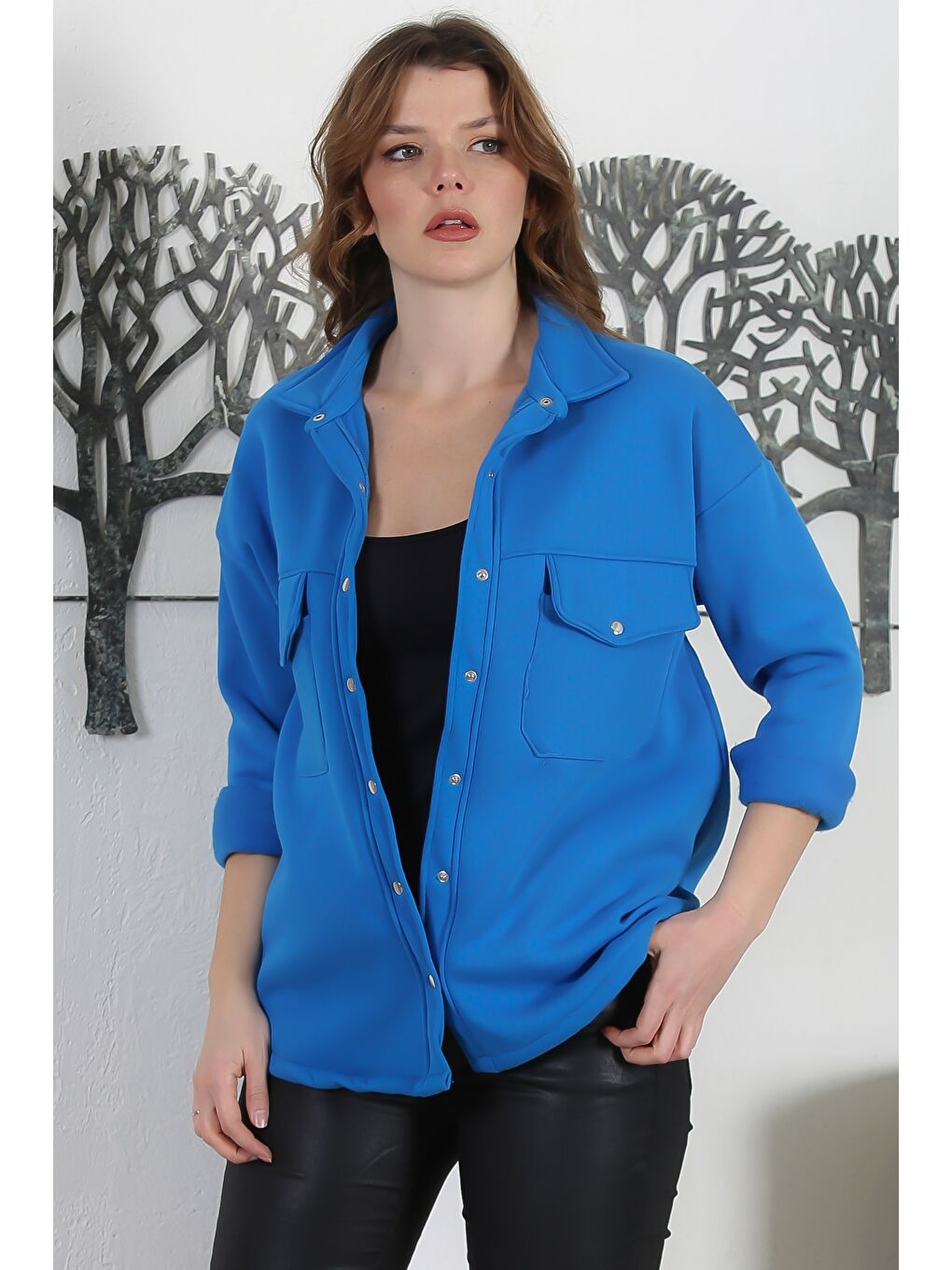 Mavi Gömlek Yaka Manşetli Kollu Çıt Çıtlı Çift Kapaklı Cepli Üç İplik Şardonlu Örme Ceket 70 58-1