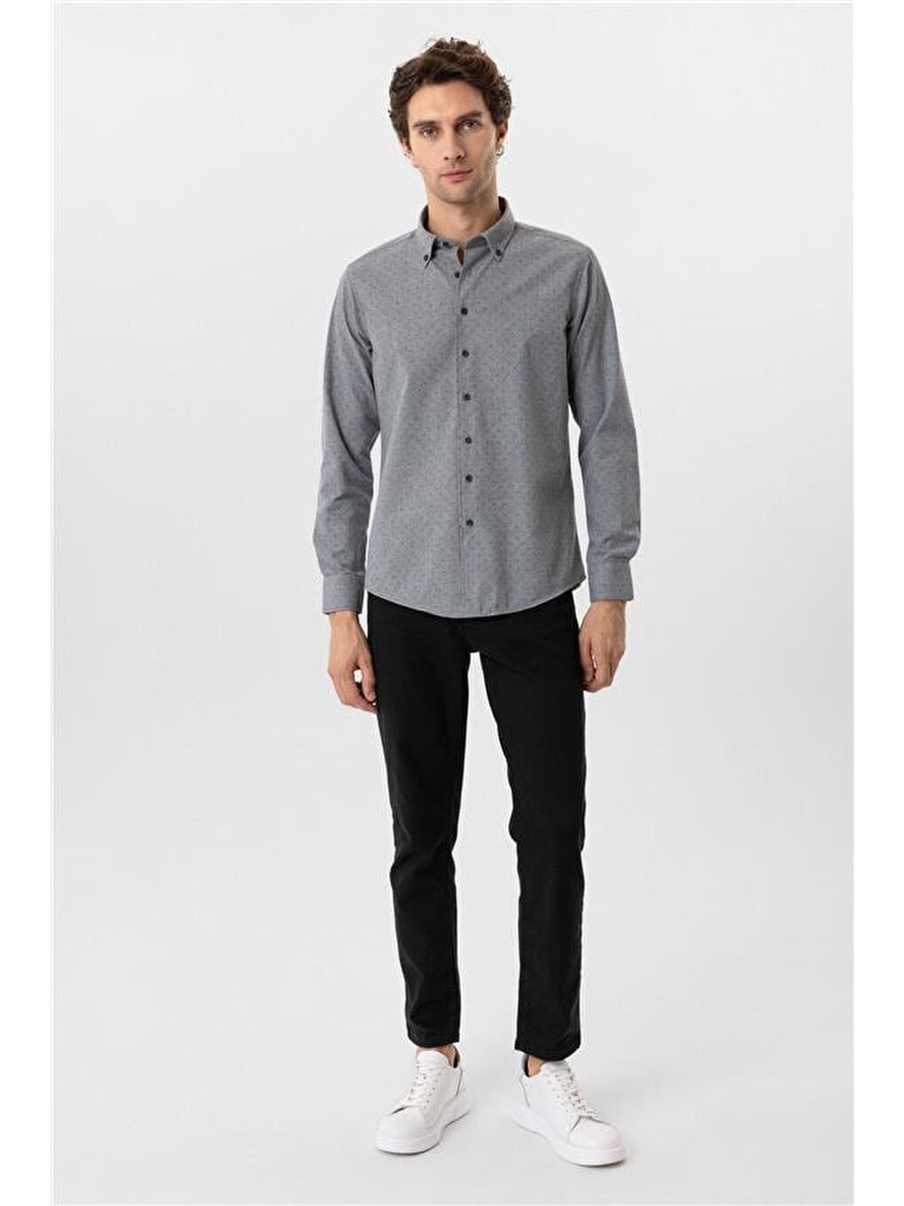Antrasit Slim Düz Düğmeli Yaka Gömlek-3