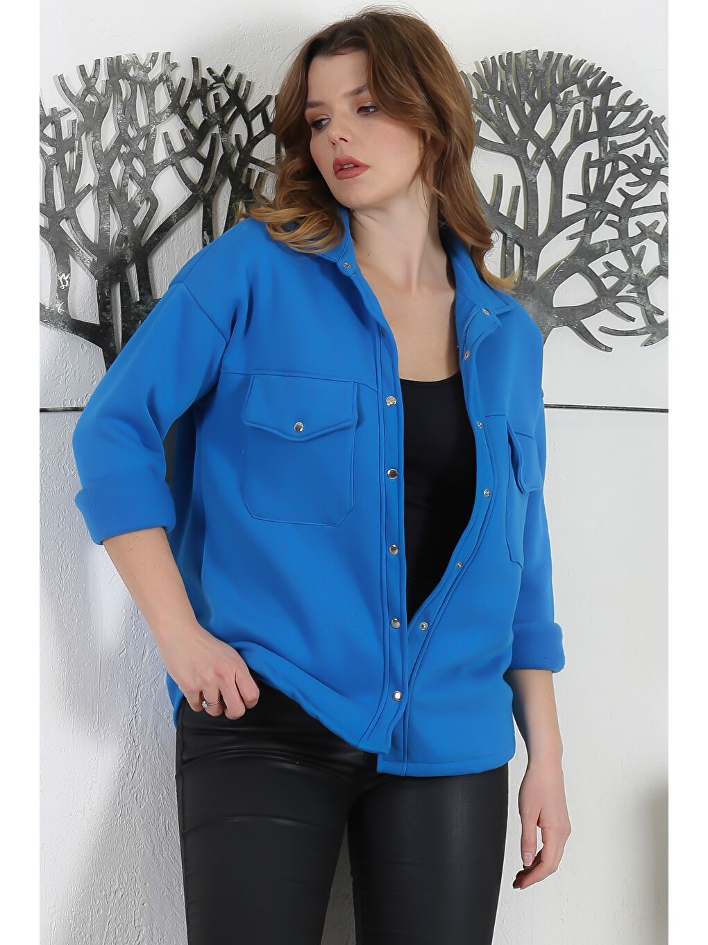 Mavi Gömlek Yaka Manşetli Kollu Çıt Çıtlı Çift Kapaklı Cepli Üç İplik Şardonlu Örme Ceket 70 58-2