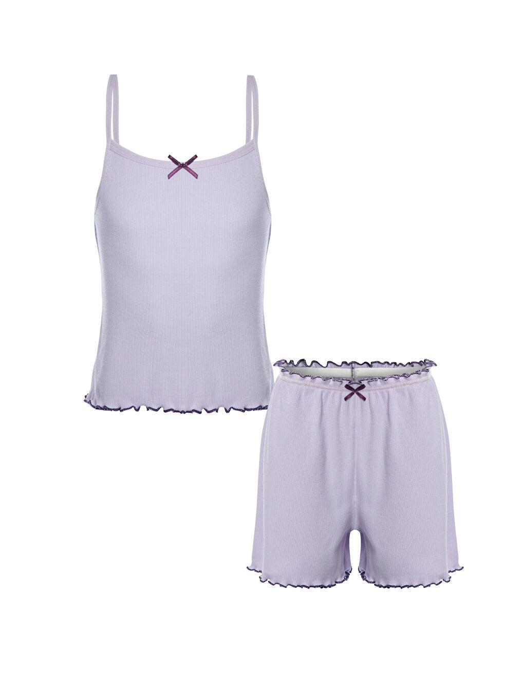 Lila Kız Çocuk Pamuklu Fiyonklu Askılı Şortlu Pijama Takımı-4