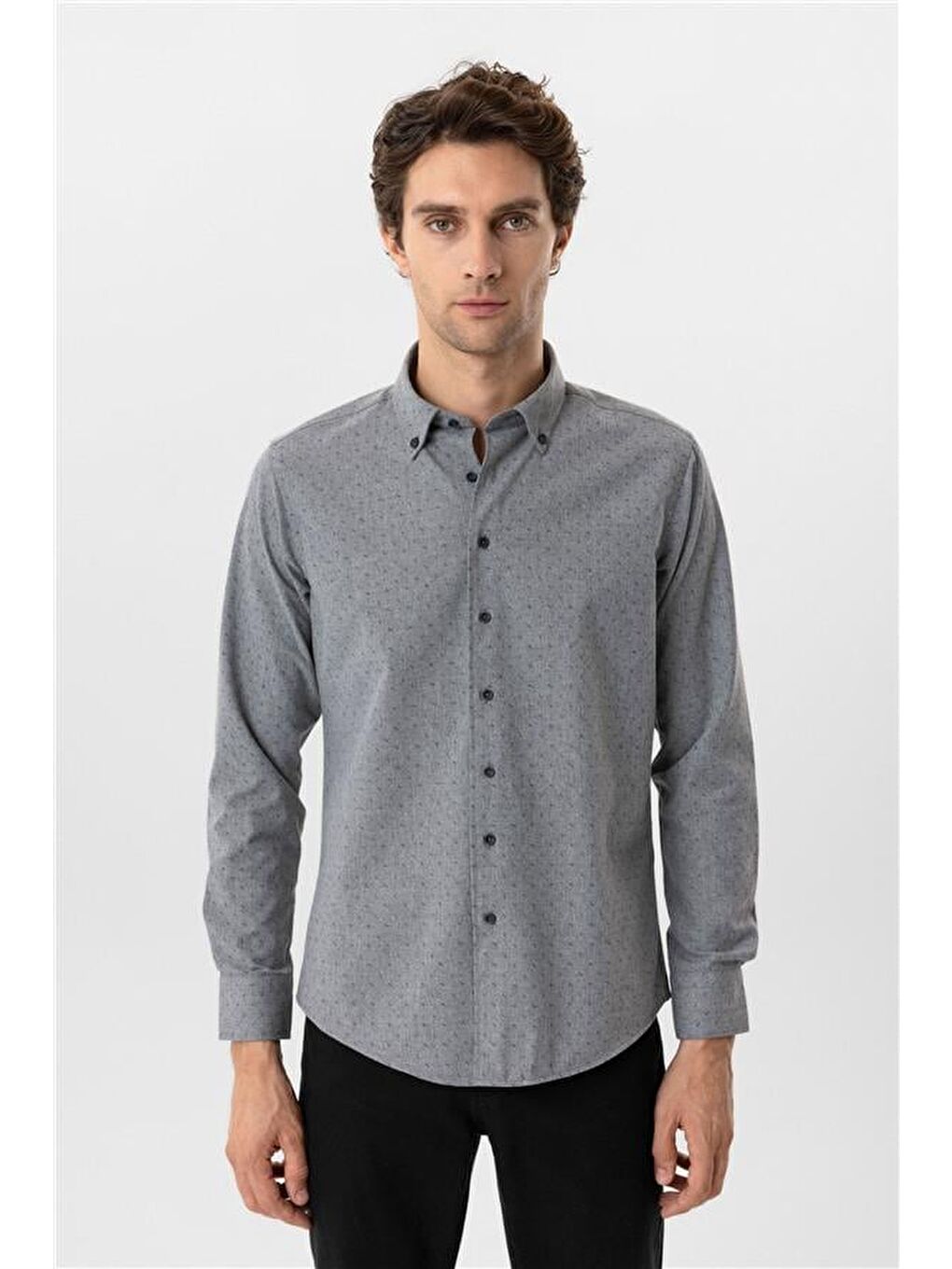 Antrasit Slim Düz Düğmeli Yaka Gömlek-4