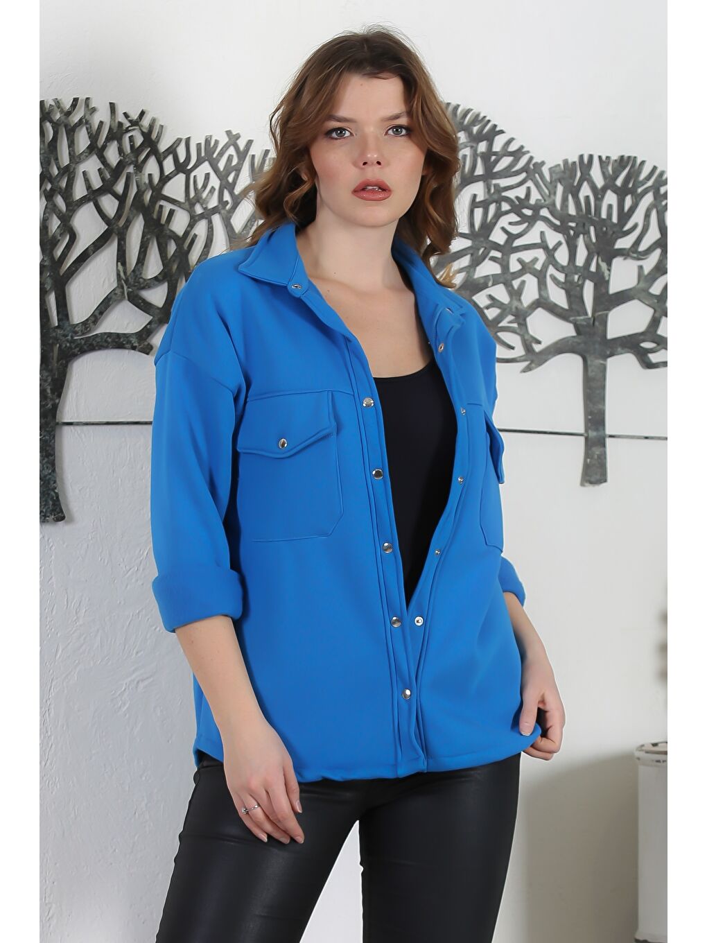 Mavi Gömlek Yaka Manşetli Kollu Çıt Çıtlı Çift Kapaklı Cepli Üç İplik Şardonlu Örme Ceket 70 58-3