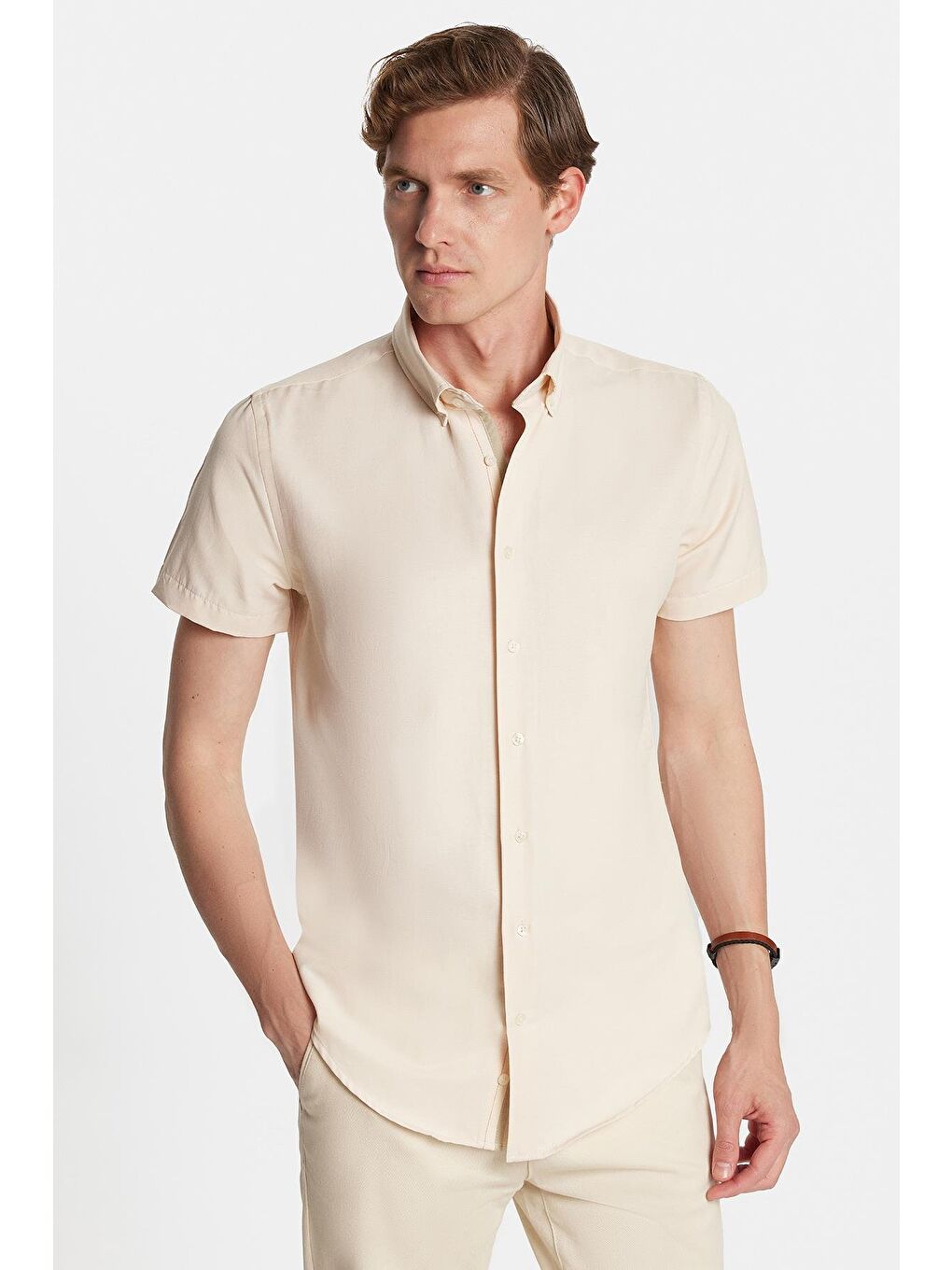 Erkek Slim Fit Dar Kesim Kısa Kollu Spor Yaka Oxford Doku Pamuklu Bej Gömlek