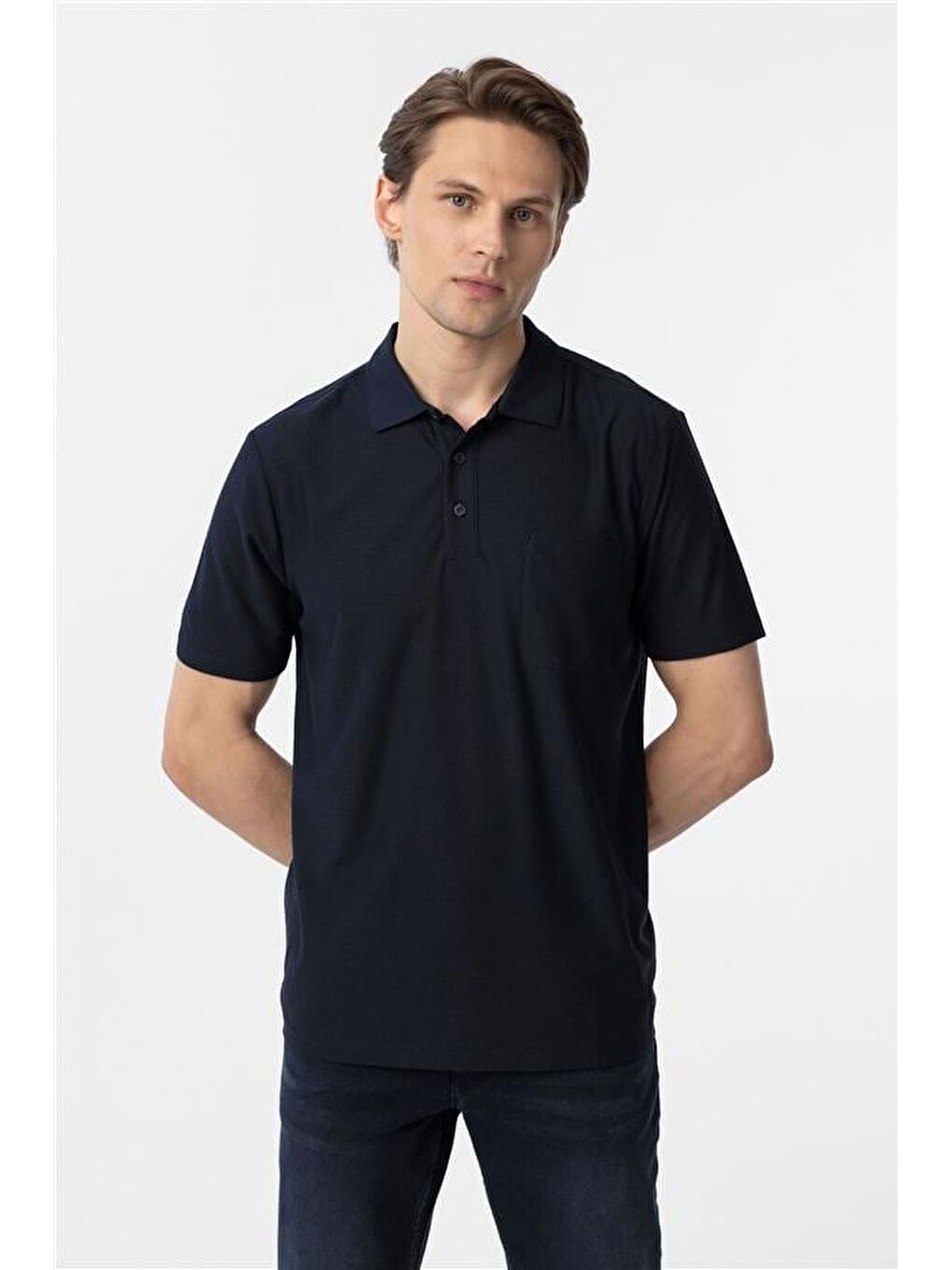 Lacivert Regular Armürlü Polo Yaka Tişört-1
