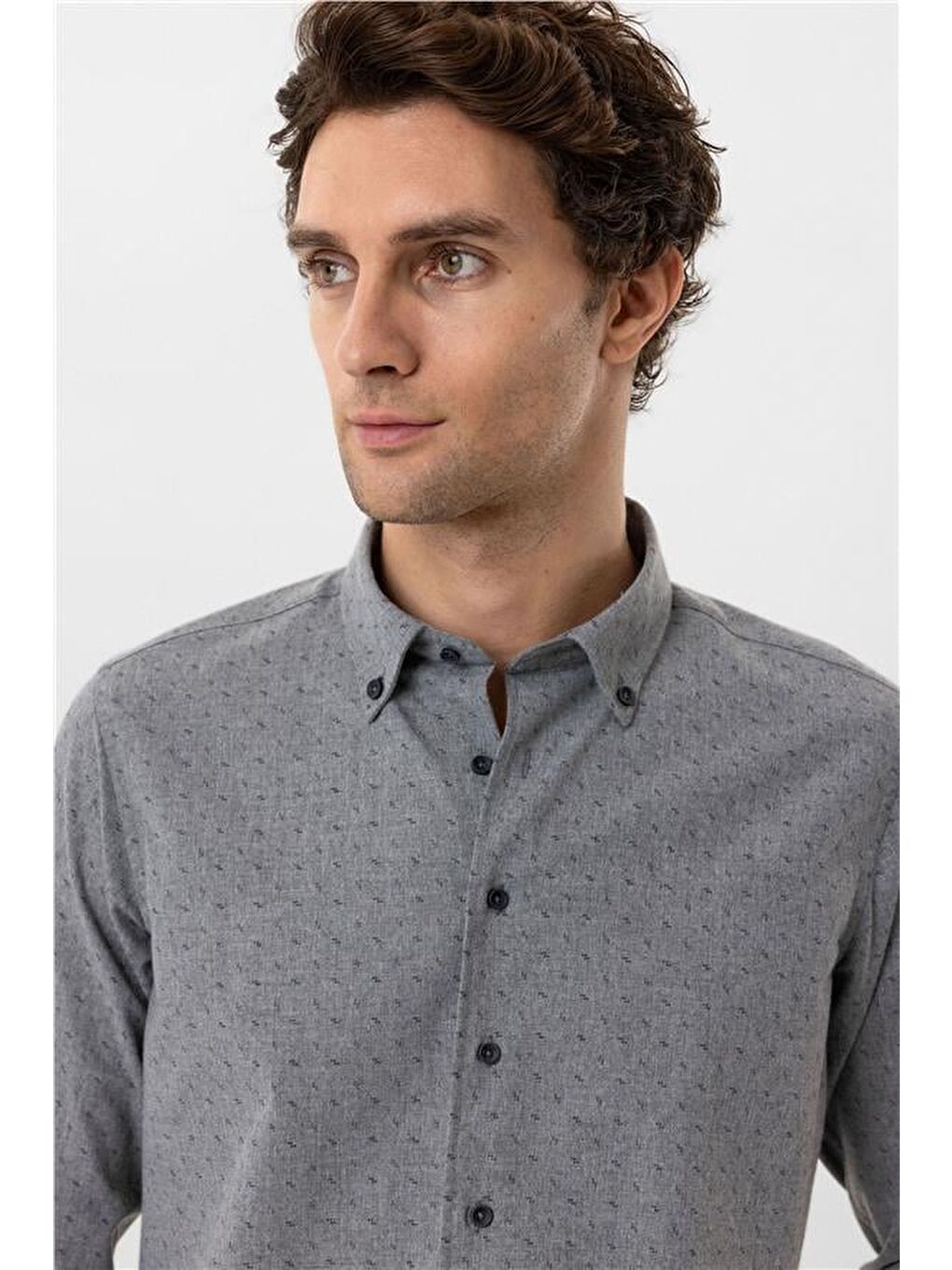 Antrasit Slim Düz Düğmeli Yaka Gömlek-5