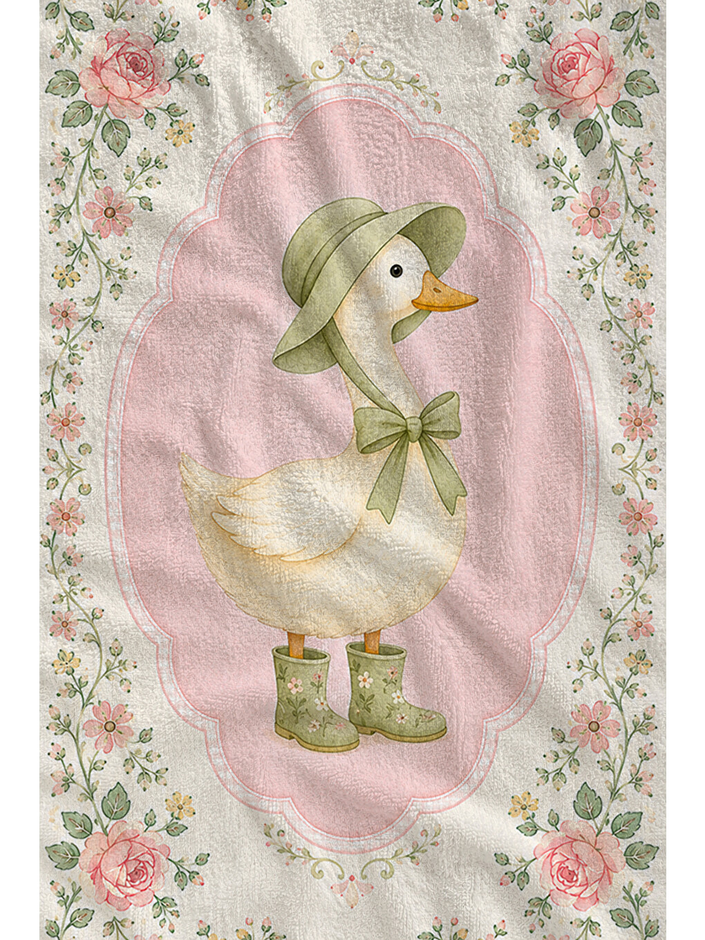 Pembe Romantik Boneli Kaz Çiçekli Madalyon Desenli 70x150 Plaj Havlusu - Dijital Baskılı Banyo Havlusu-2