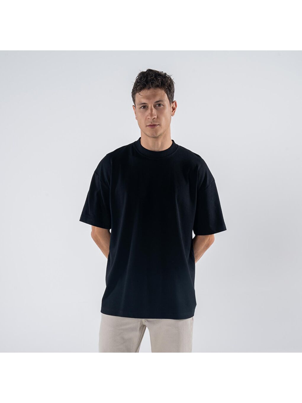 Agar Erkek Siyah %100 Koton Bisiklet Yaka Oversize Tişört