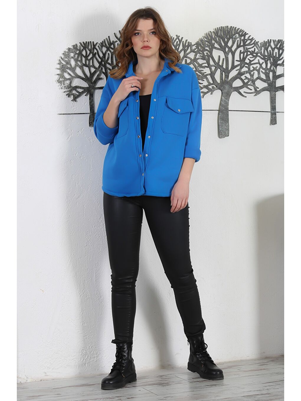 Mavi Gömlek Yaka Manşetli Kollu Çıt Çıtlı Çift Kapaklı Cepli Üç İplik Şardonlu Örme Ceket 70 58-6