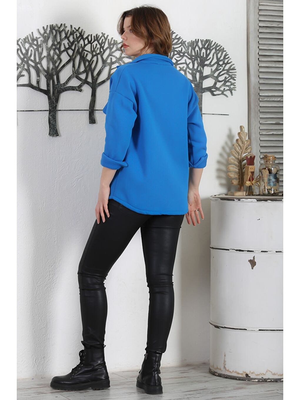 Mavi Gömlek Yaka Manşetli Kollu Çıt Çıtlı Çift Kapaklı Cepli Üç İplik Şardonlu Örme Ceket 70 58-7