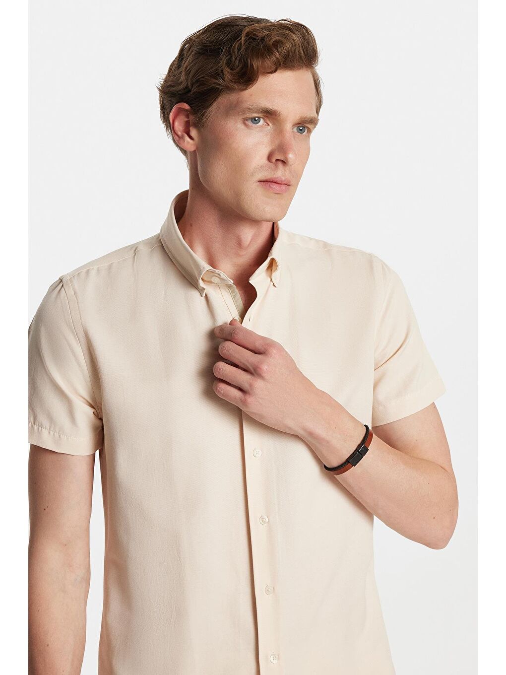 Erkek Slim Fit Dar Kesim Kısa Kollu Spor Yaka Oxford Doku Pamuklu Bej Gömlek-1