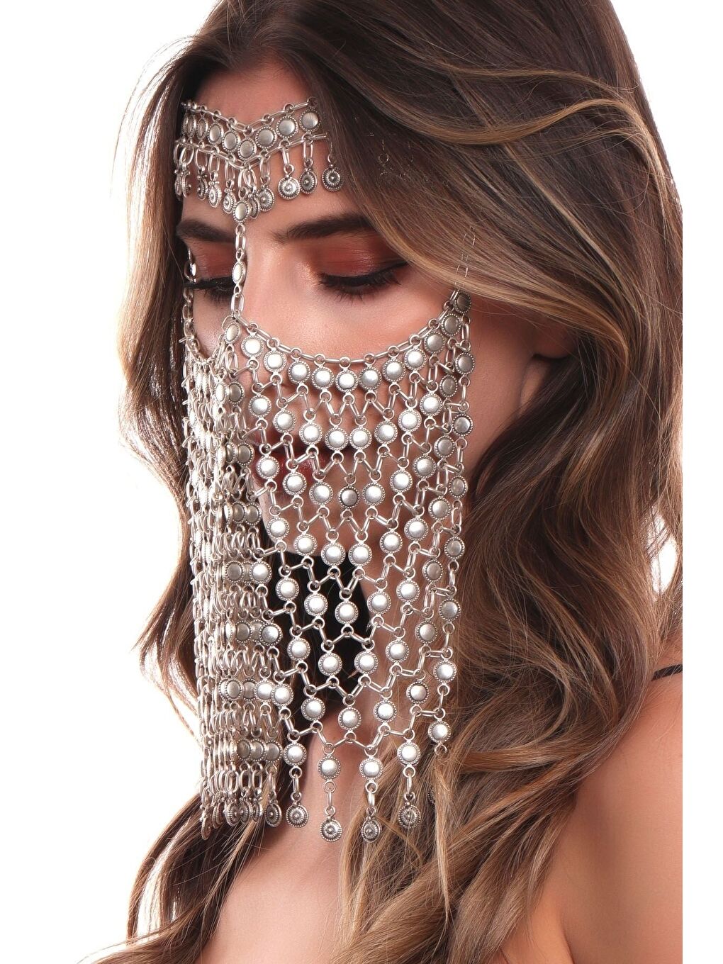 Gri Kadın Antik Gümüş Kaplama Ayarlanabilir El Yapımı Peçe-1