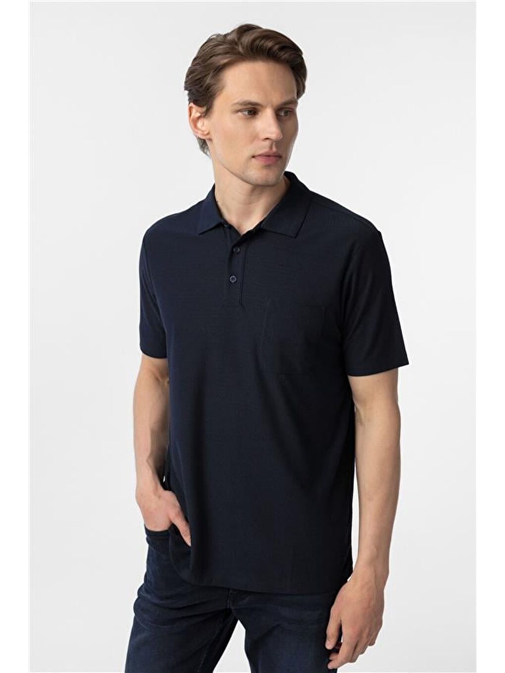 Lacivert Regular Armürlü Polo Yaka Tişört-4