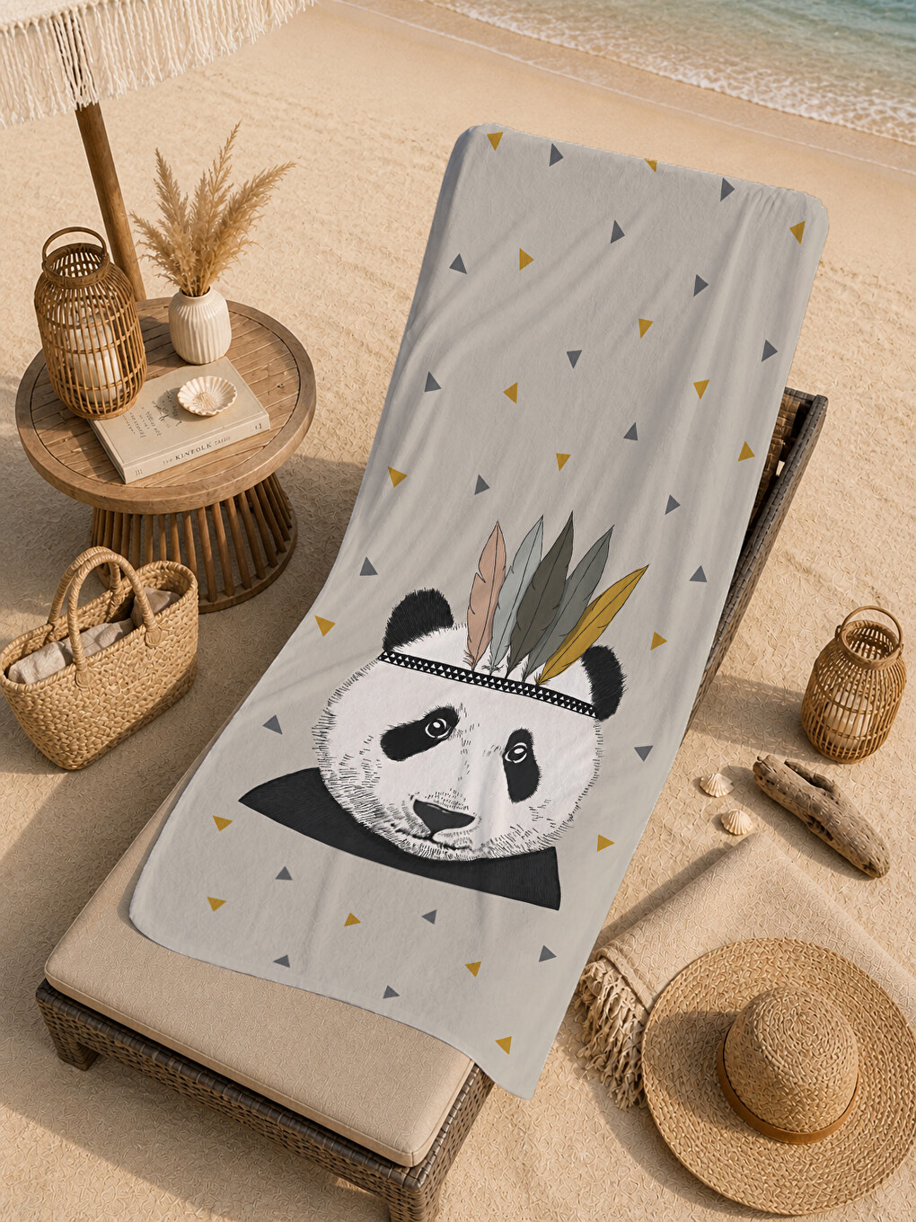 Gri Bohem Panda Tüylü Başlık Yıldızlı Çocuk Desenli 70x150 Plaj Havlusu - Pamuklu Banyo Havlusu-3