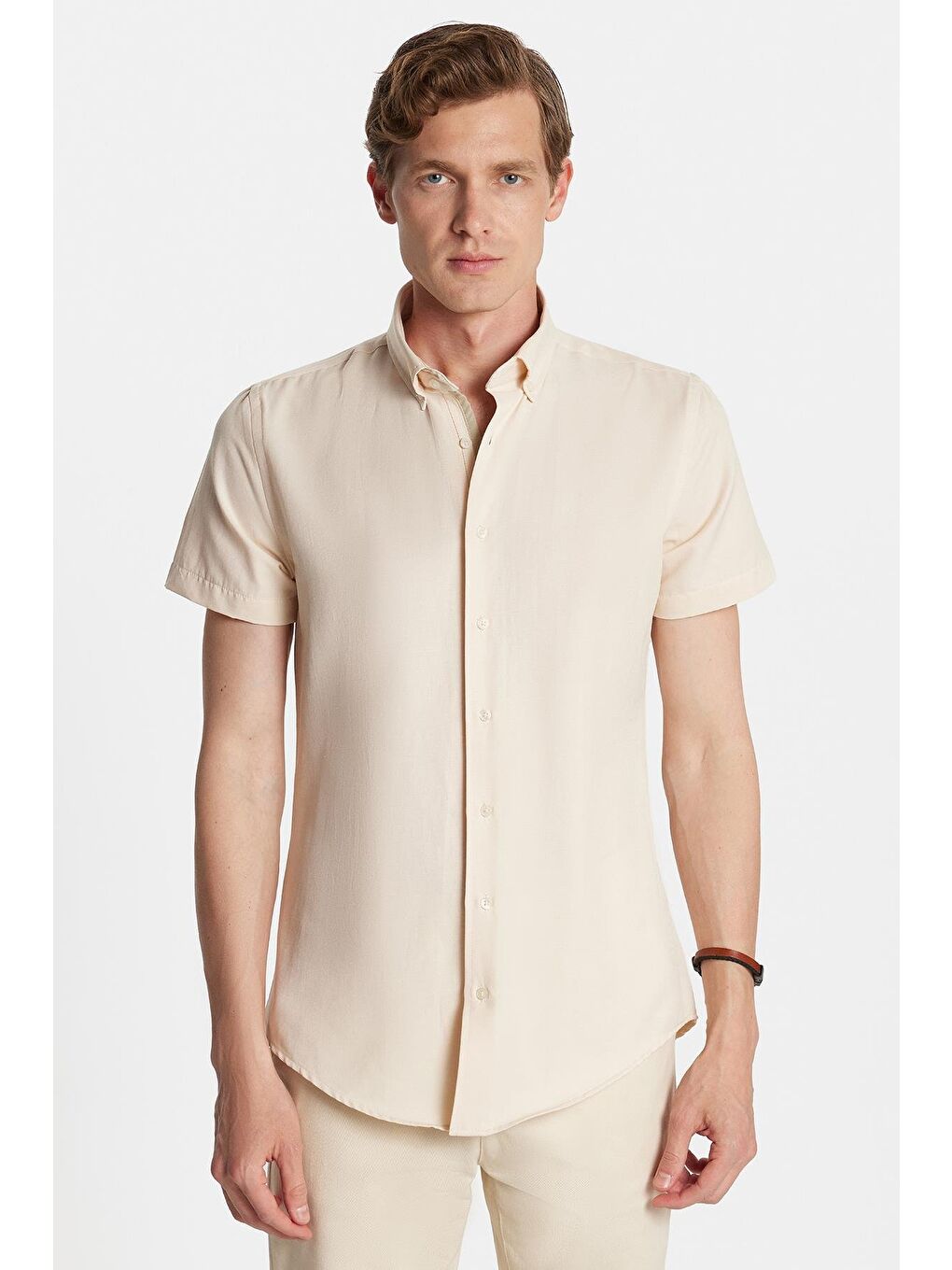 Erkek Slim Fit Dar Kesim Kısa Kollu Spor Yaka Oxford Doku Pamuklu Bej Gömlek-3