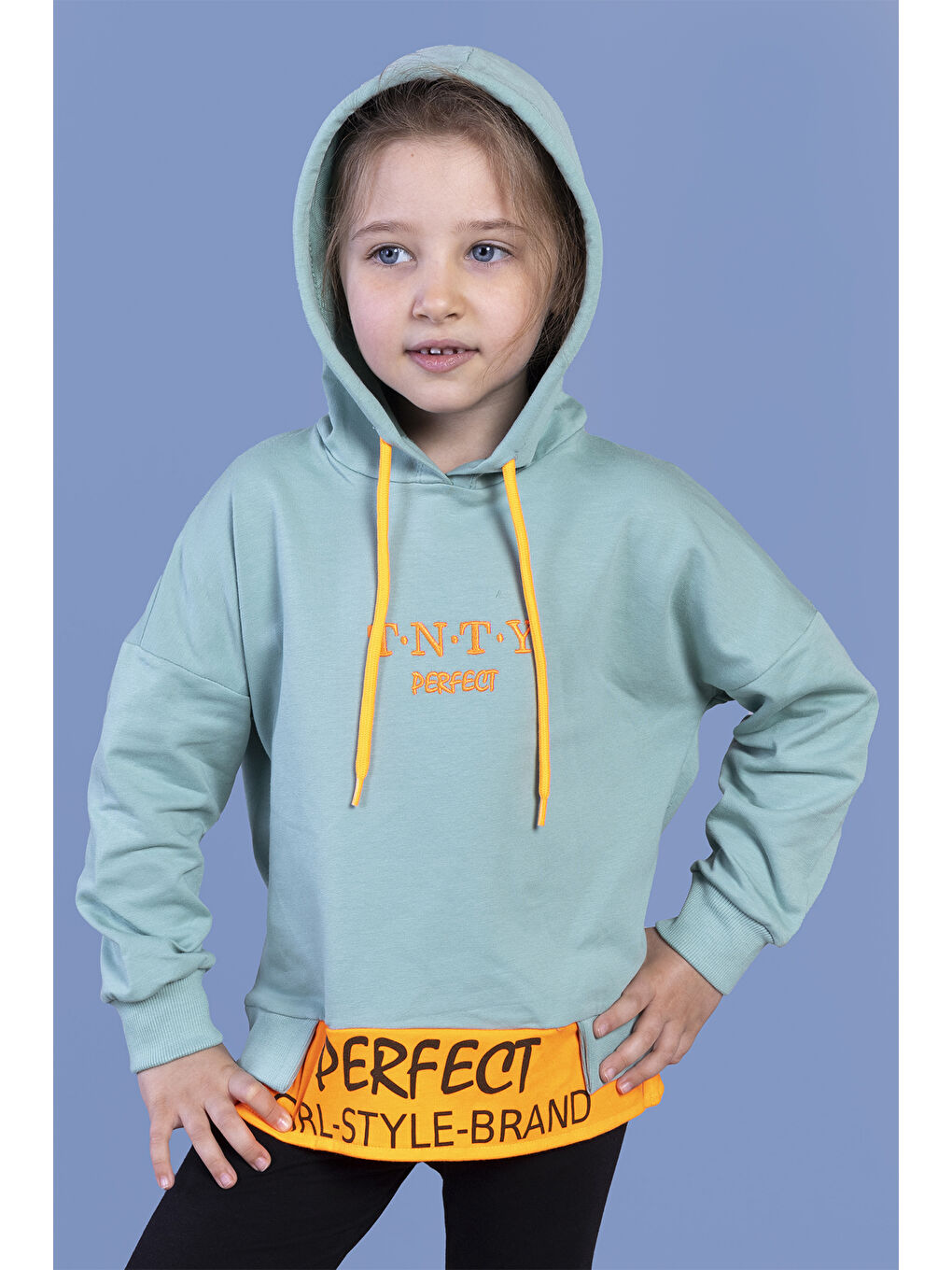 Yeşil Kız Çocuk Kapüşonlu Garni Detaylı Baskılı Sweatshirt-2