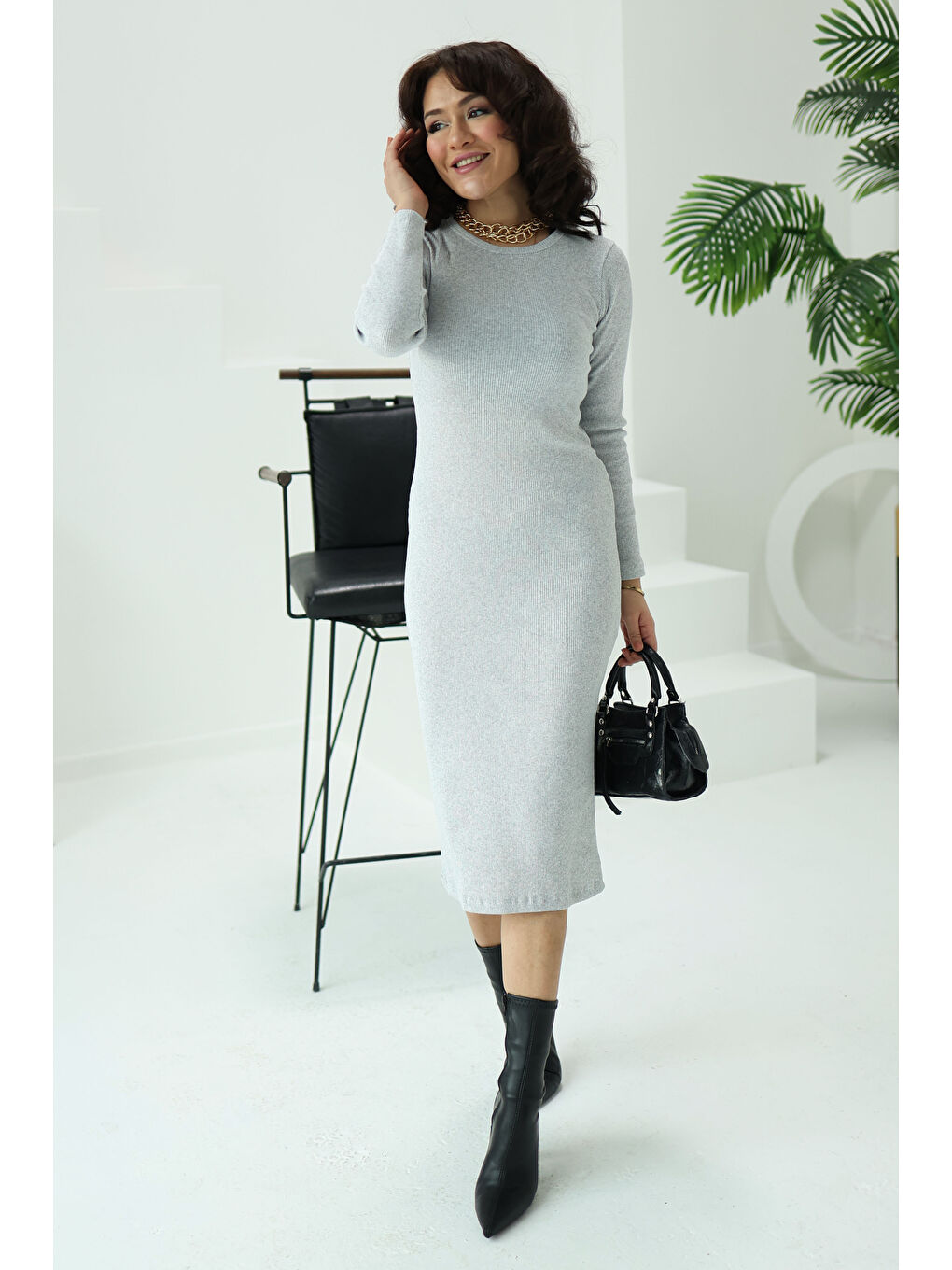 Midi Elbise Gri - 26126