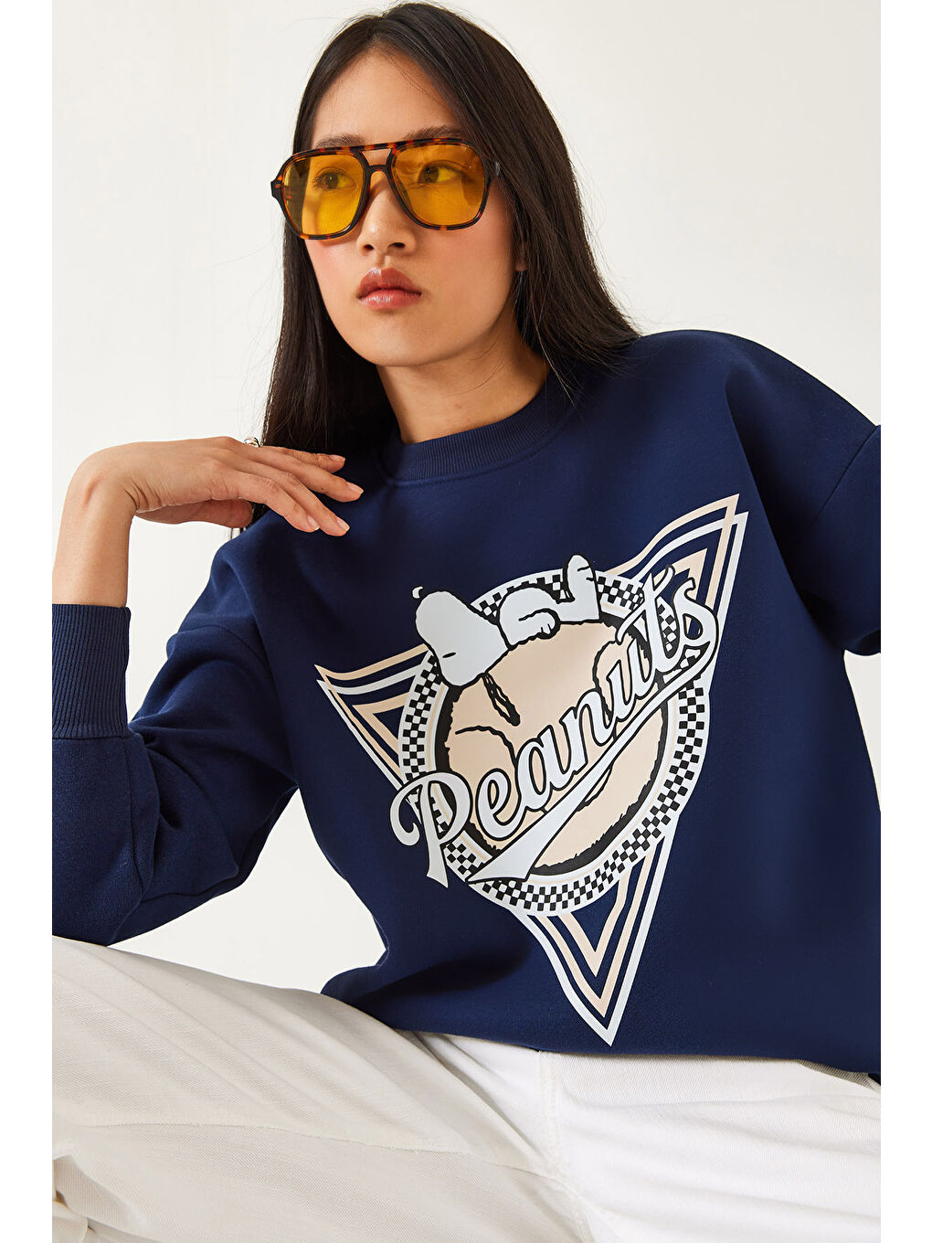 Lacivert Kadın Üç İplik Şardonlu Baskılı Sweatshirt