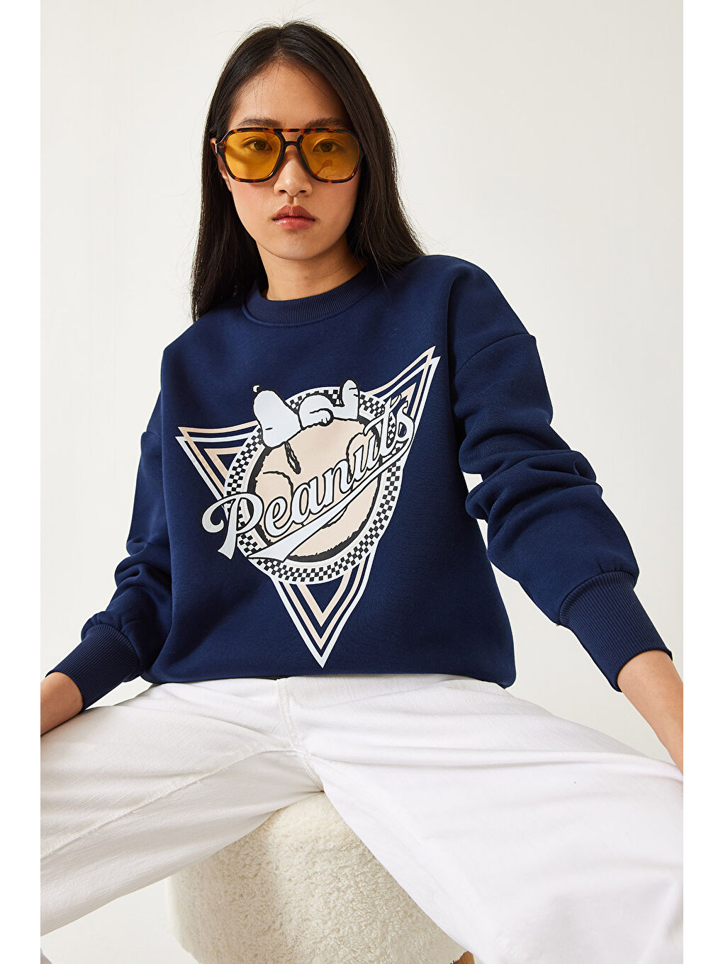 Lacivert Kadın Üç İplik Şardonlu Baskılı Sweatshirt-1