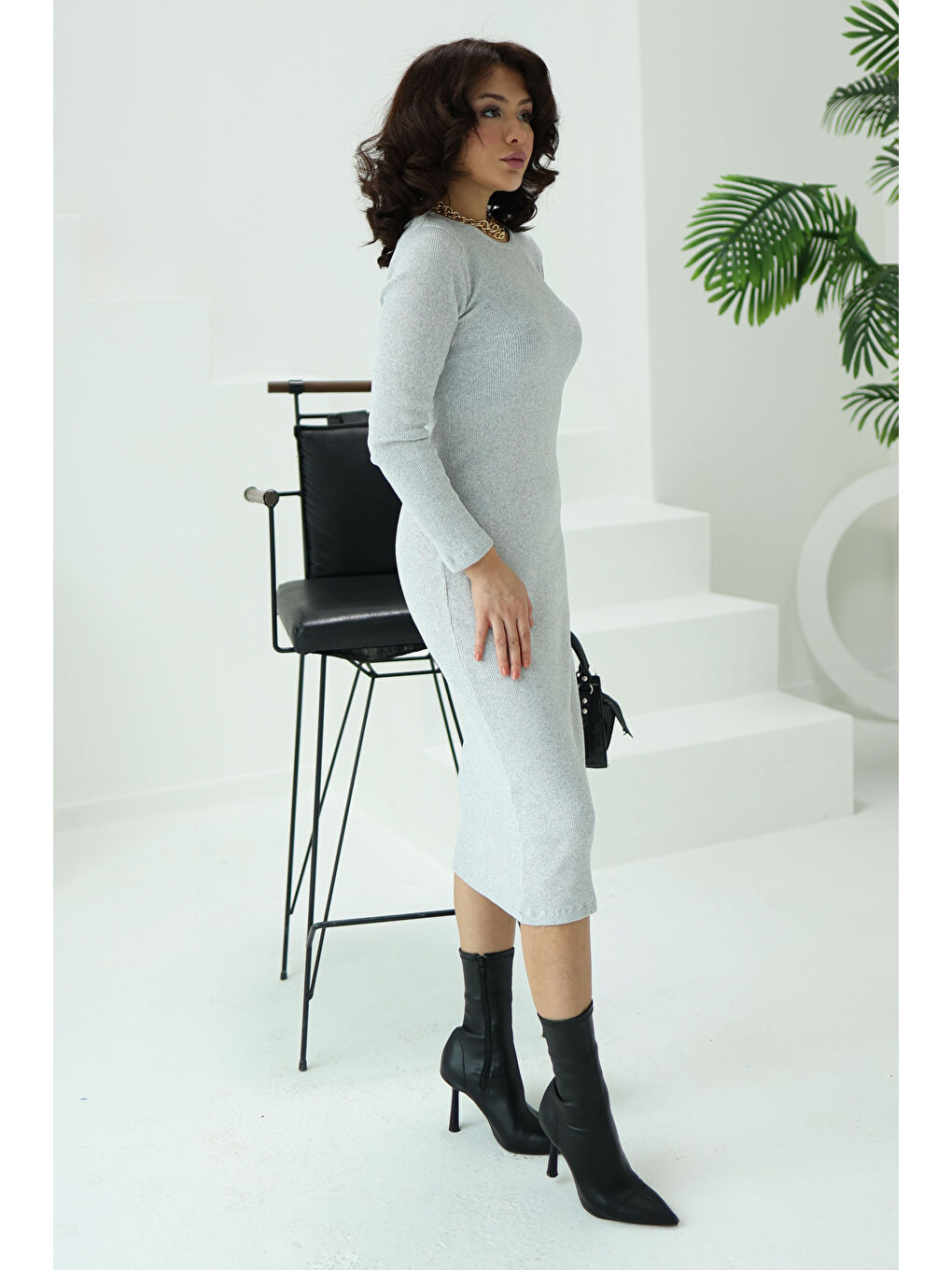 Midi Elbise Gri - 26126-1