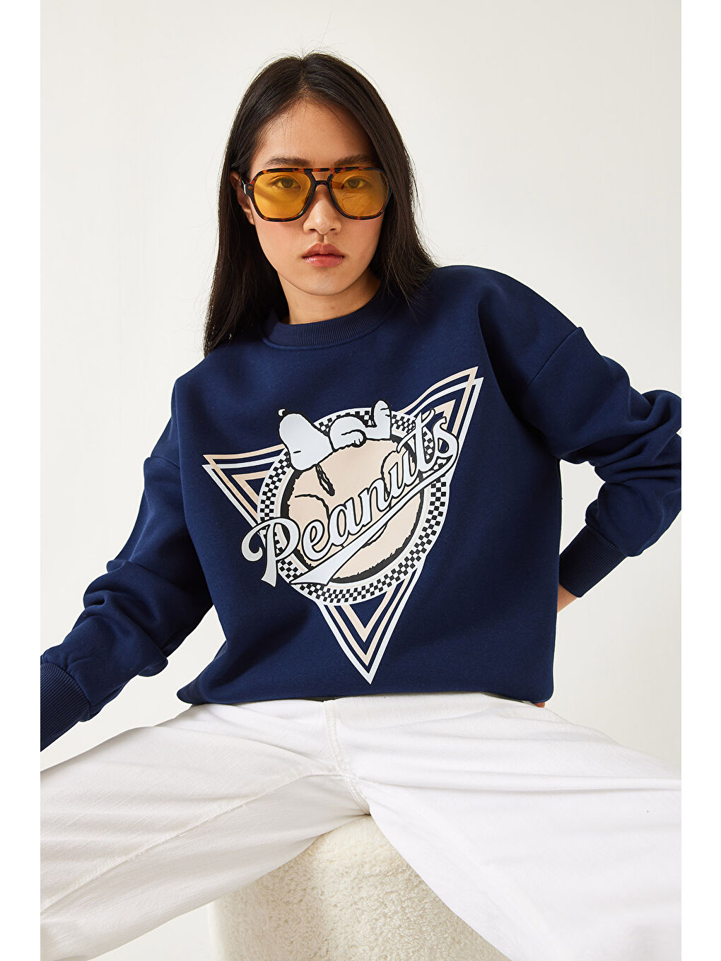 Lacivert Kadın Üç İplik Şardonlu Baskılı Sweatshirt-2