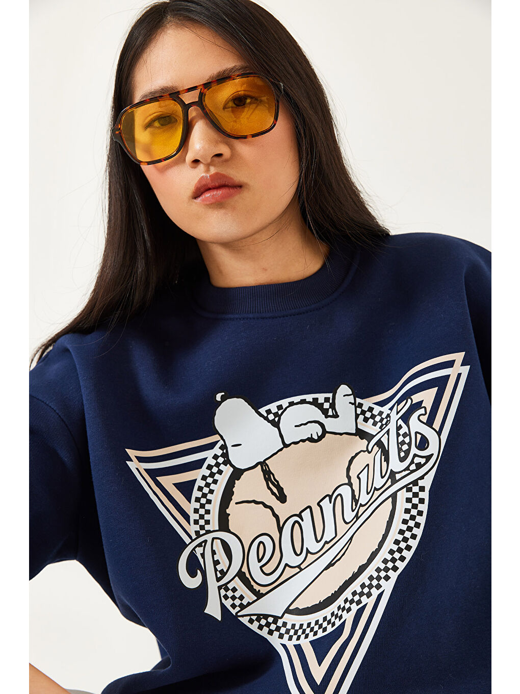 Lacivert Kadın Üç İplik Şardonlu Baskılı Sweatshirt-3