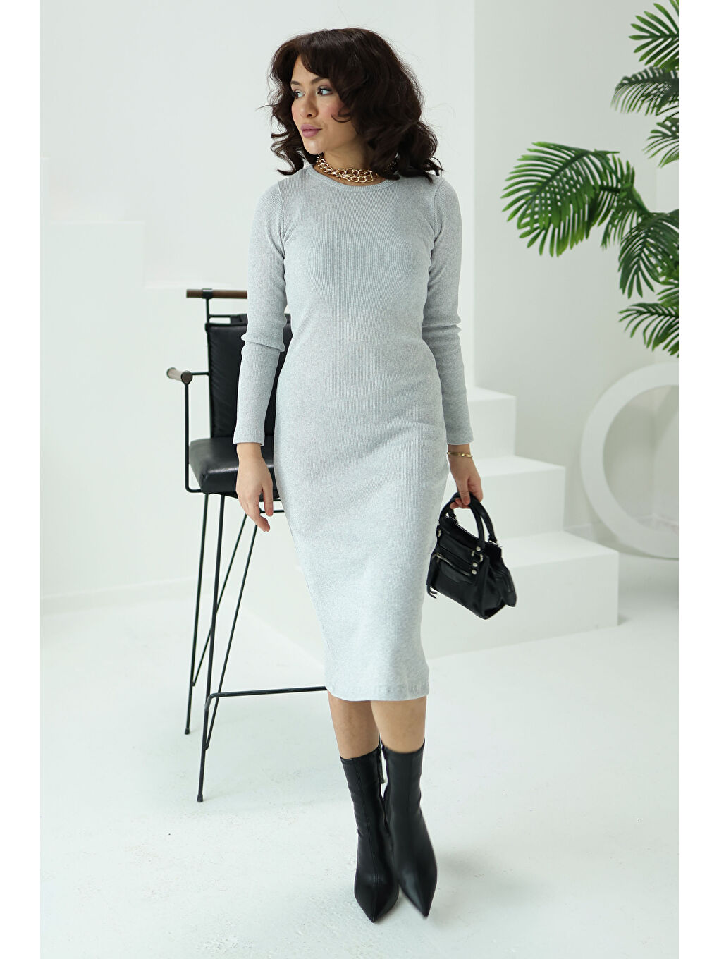 Midi Elbise Gri - 26126-2