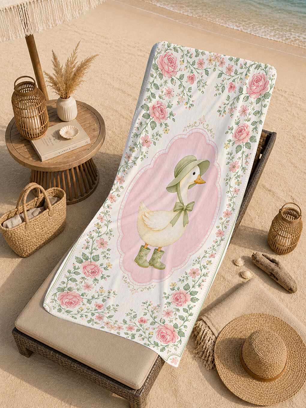 Pembe Romantik Boneli Kaz Çiçekli Madalyon Desenli 70x150 Plaj Havlusu - Dijital Baskılı Banyo Havlusu-3