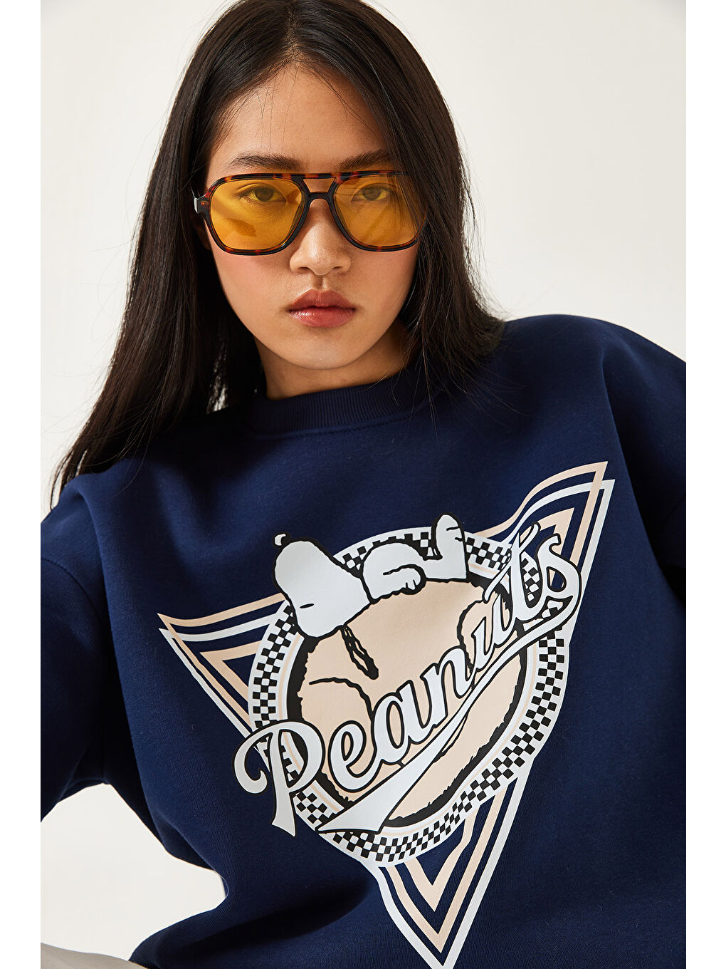 Lacivert Kadın Üç İplik Şardonlu Baskılı Sweatshirt-4