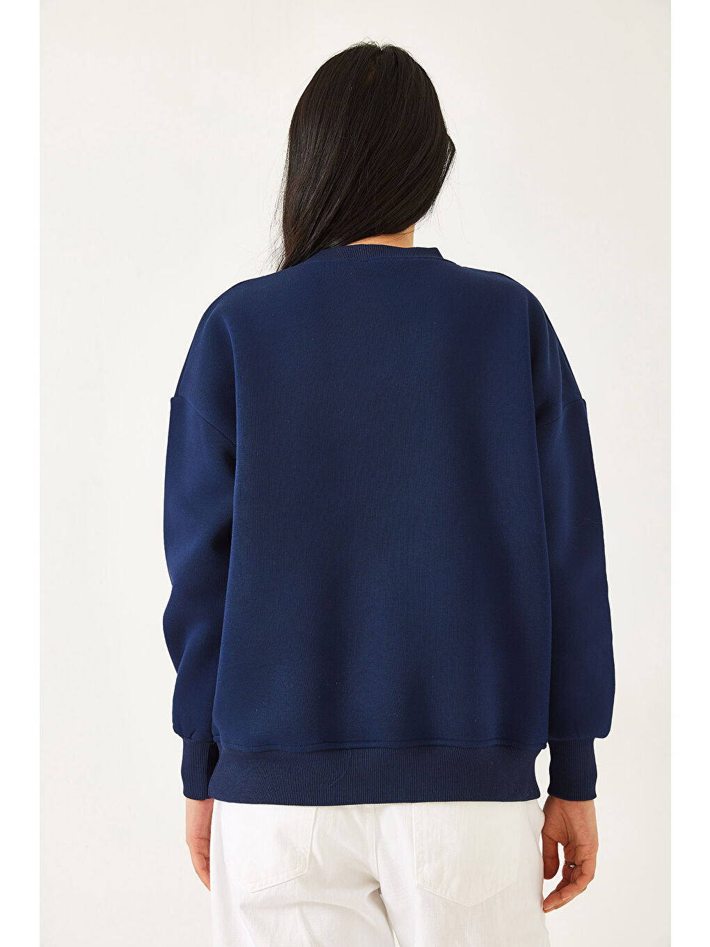 Lacivert Kadın Üç İplik Şardonlu Baskılı Sweatshirt-5